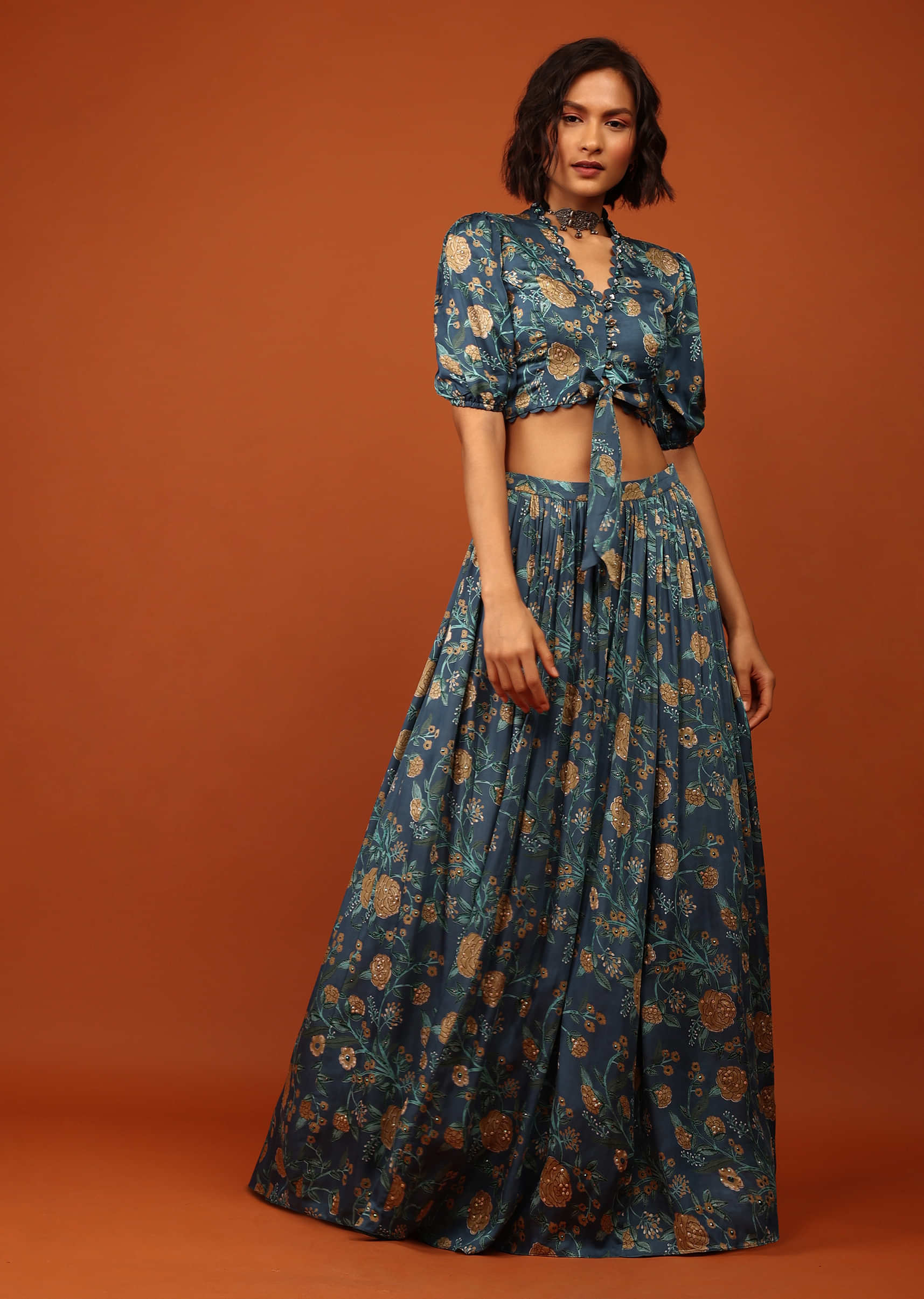 Sea Blue Blouse And Lehenga In V Neckline & Balloon Sleeves With Embellishment