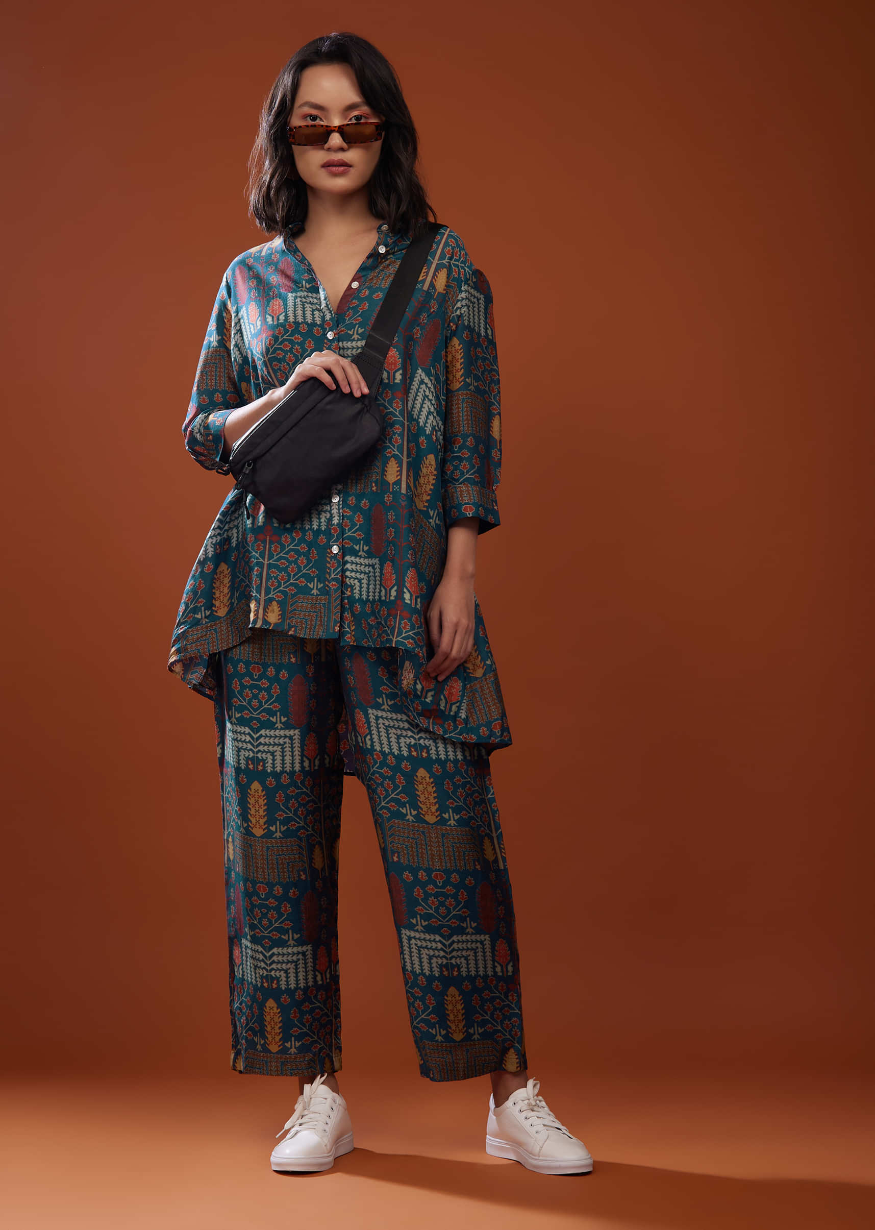 Persian Blue Printed Co-ord Set In Silk