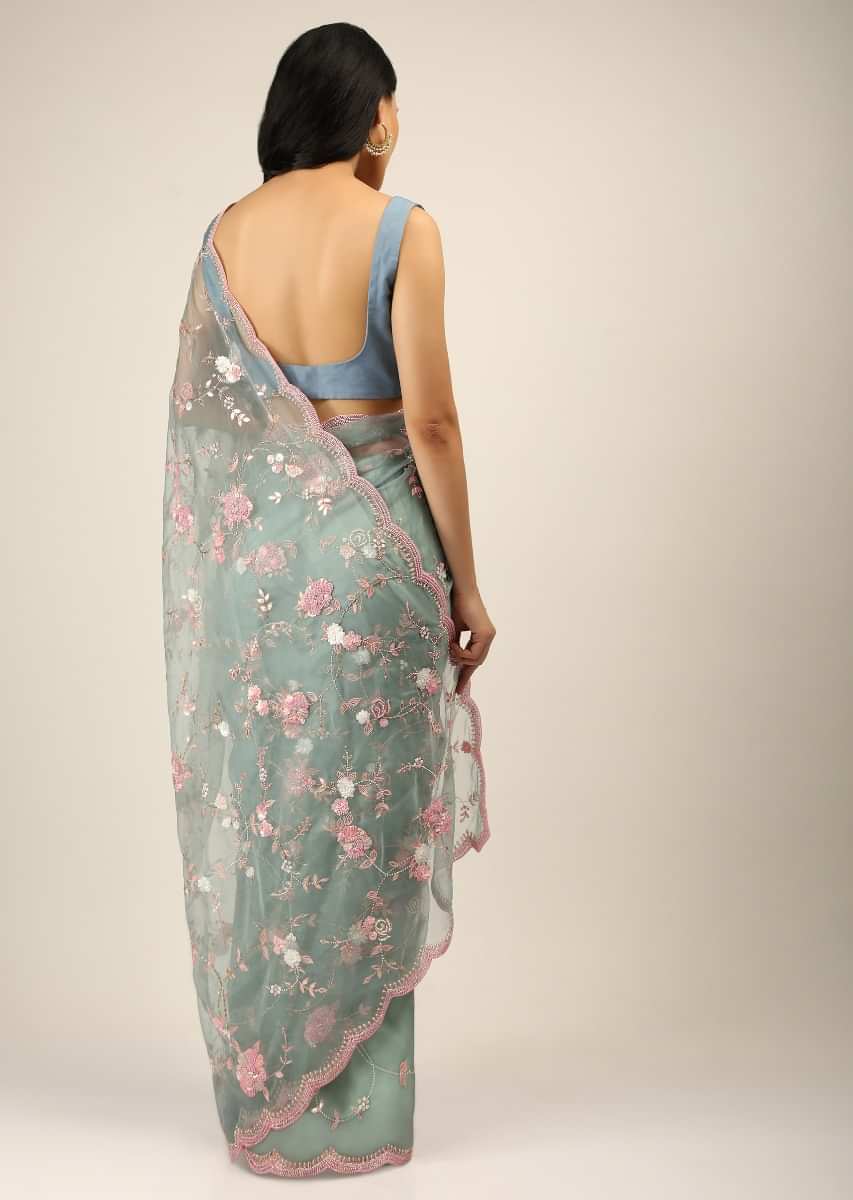Stone Blue Saree In Organza With Pink Sequins, Resham And Moti Beads Embroidered Floral Motifs  