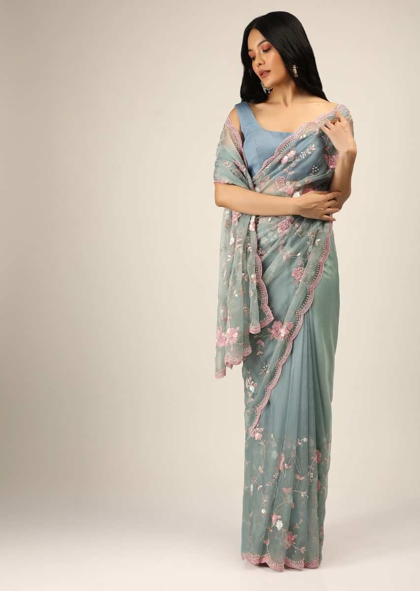 Stone Blue Saree In Organza With Pink Sequins, Resham And Moti Beads Embroidered Floral Motifs  