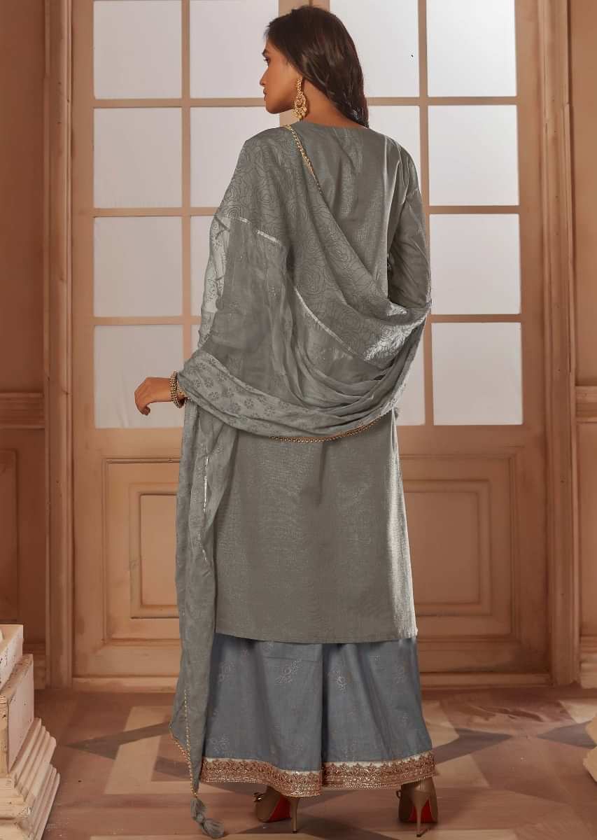 Stone Grey Straight Palazzo Suit With Embroidered Butti And Fancy Buttons Online - Kalki Fashion