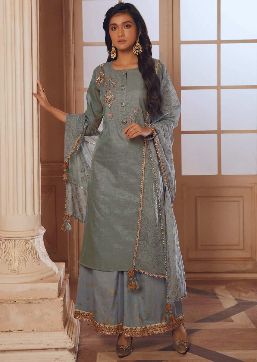 Stone Grey Straight Palazzo Suit With Embroidered Butti And Fancy Buttons Online - Kalki Fashion