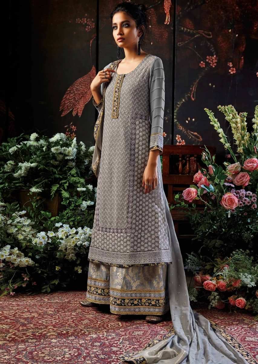Stone grey unstitched suit embellished in thread and resham embroidery 