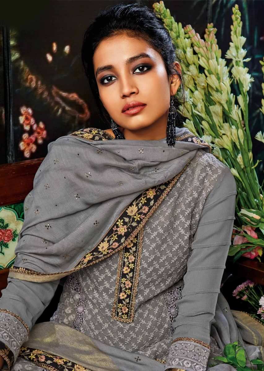 Stone grey unstitched suit embellished in thread and resham embroidery 