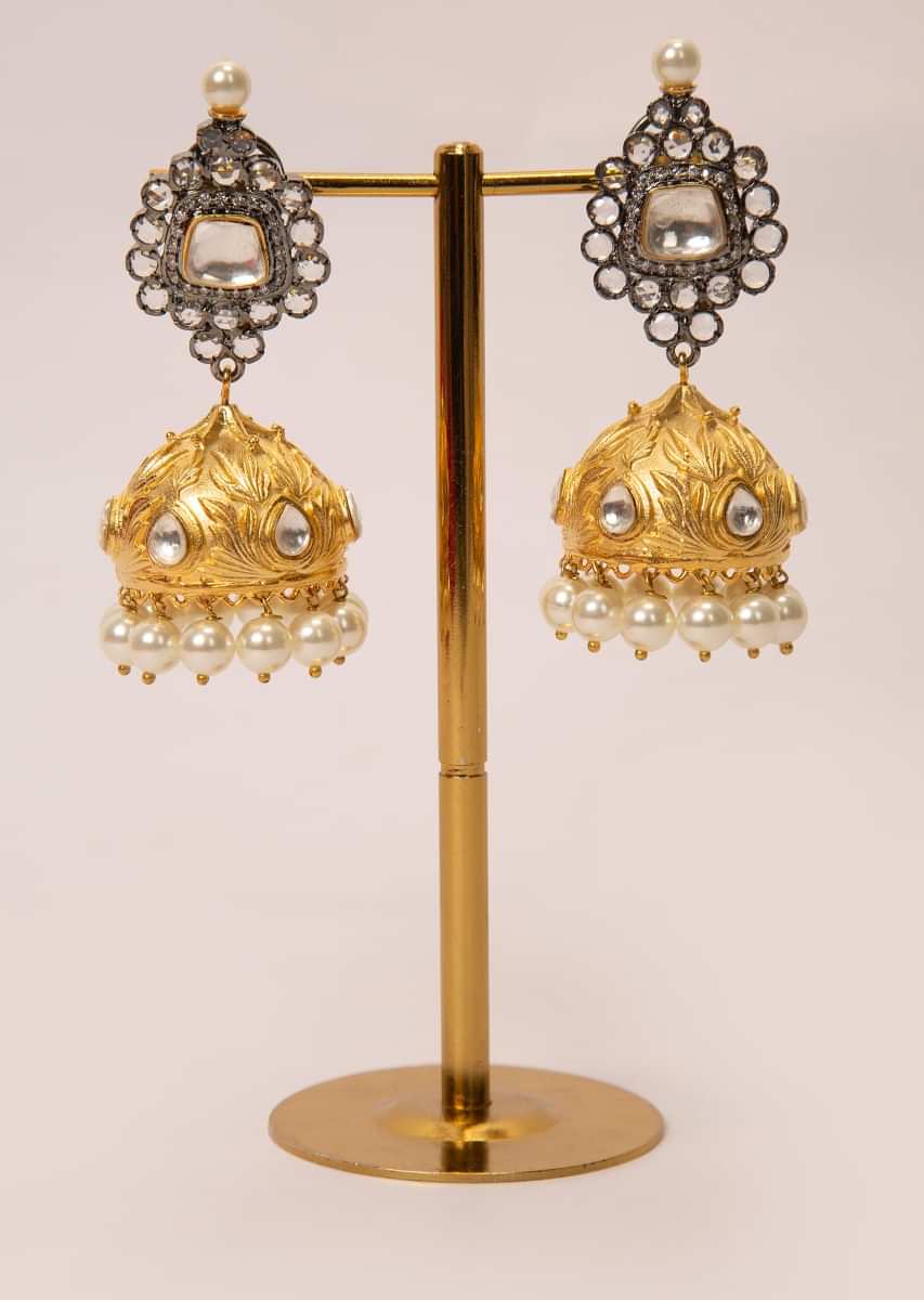 Stone studded earring with golden jhumkas drop 