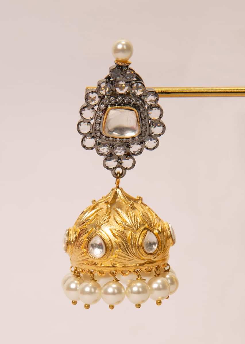 Stone studded earring with golden jhumkas drop 