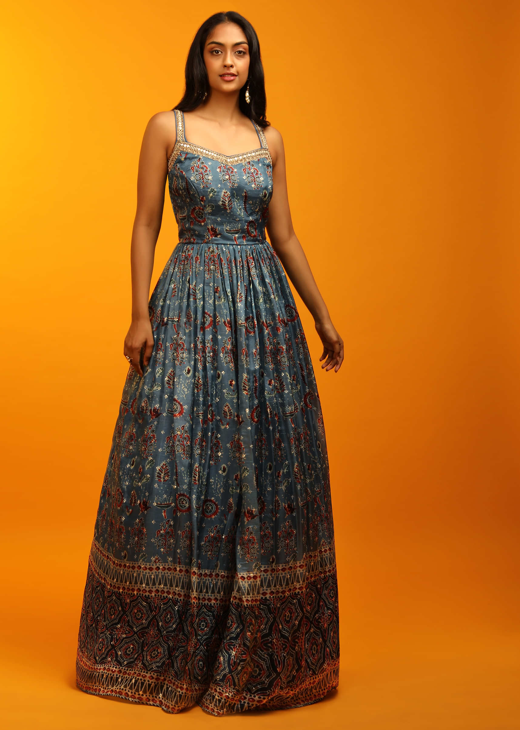 Stone Blue Anarkali Dress In Satin Crepe With Ethnic Batik Print And Mirror Embroidery  