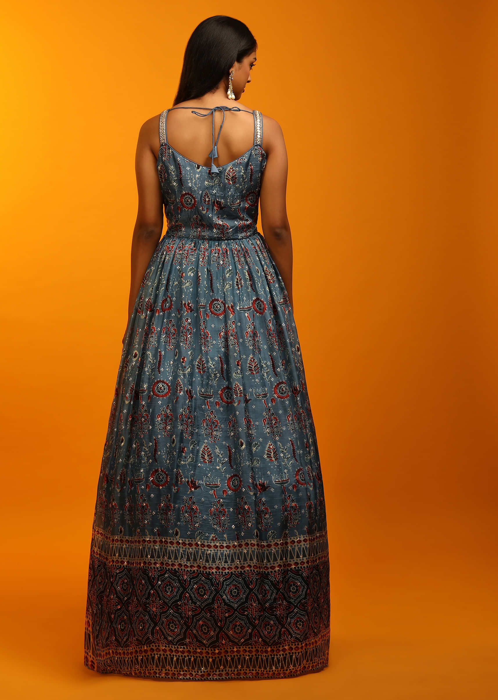 Stone Blue Anarkali Dress In Satin Crepe With Ethnic Batik Print And Mirror Embroidery  