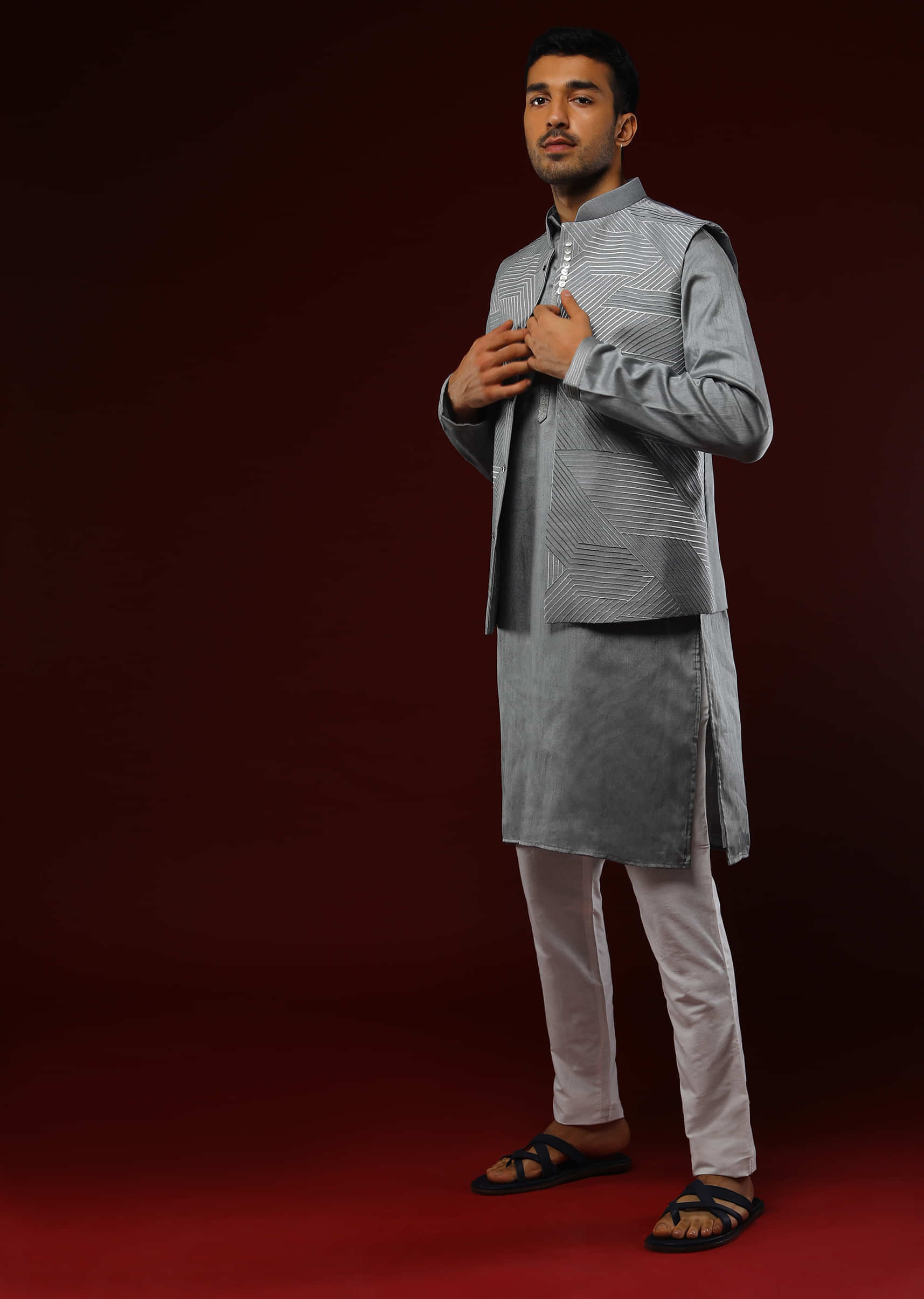 Stone Blue Nehru Jacket Set In Raw Silk With Self Resham embroidered Geometric Jaal Design