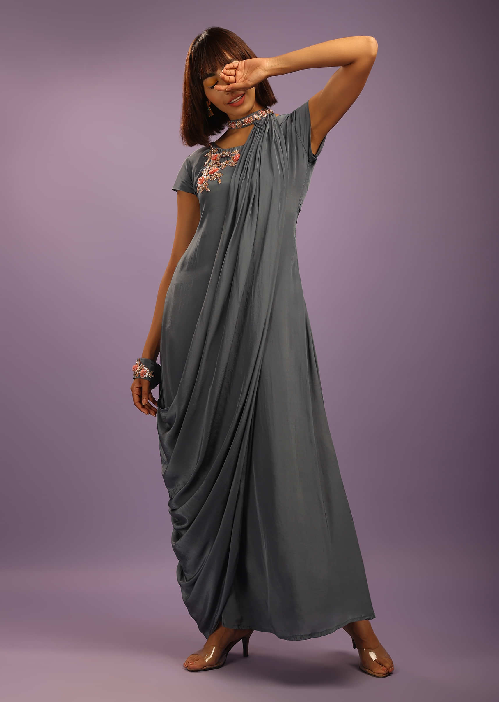 Stone Grey Indowestern Dress In Crepe With Detachable Cowl Drape Attached At The Cuff And Neck  