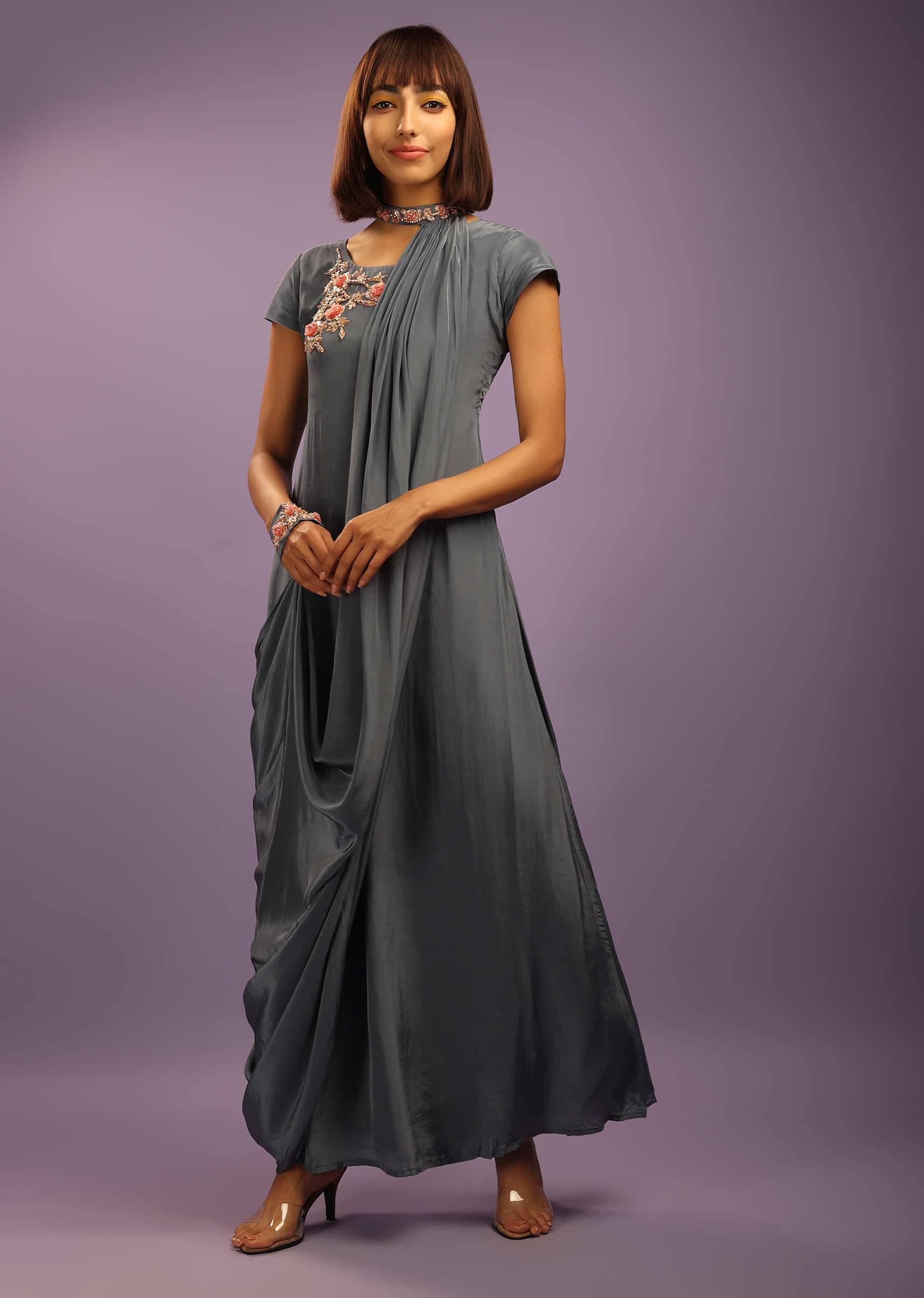 Stone Grey Indowestern Dress In Crepe With Detachable Cowl Drape Attached At The Cuff And Neck  