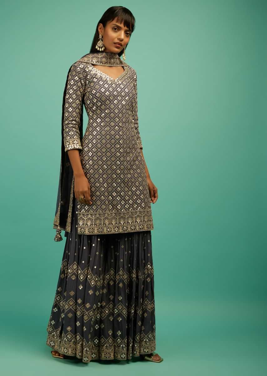 Stone Grey Sharara Suit In Crepe Silk With Zari And Mirror Embroidered Geometric Jaal  