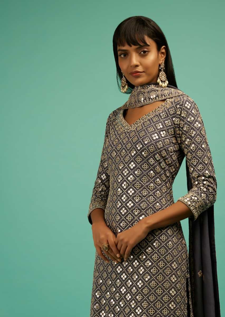Stone Grey Sharara Suit In Crepe Silk With Zari And Mirror Embroidered Geometric Jaal  