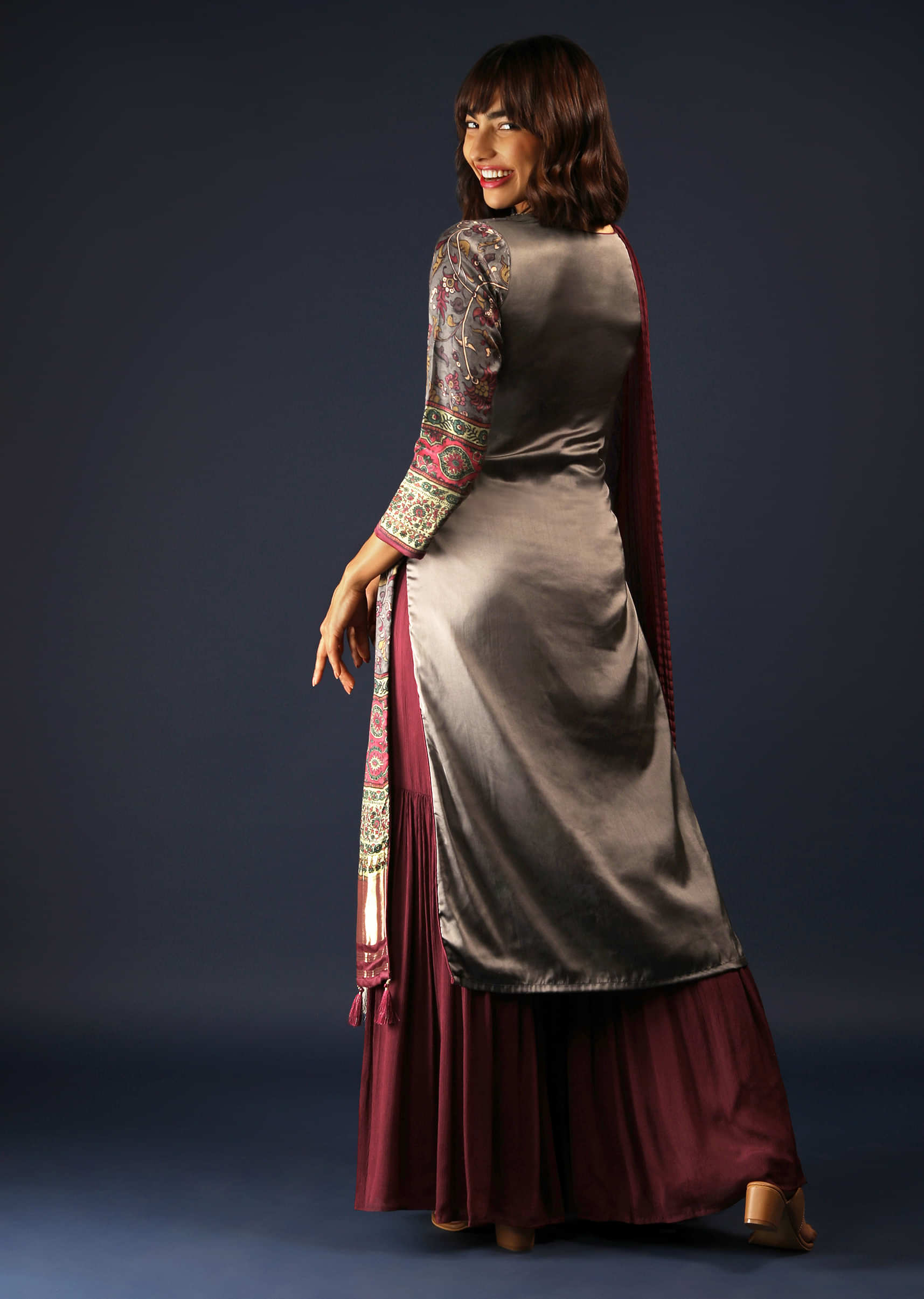Stone Grey Sharara Suit In Satin With Floral Print And Zari Border 