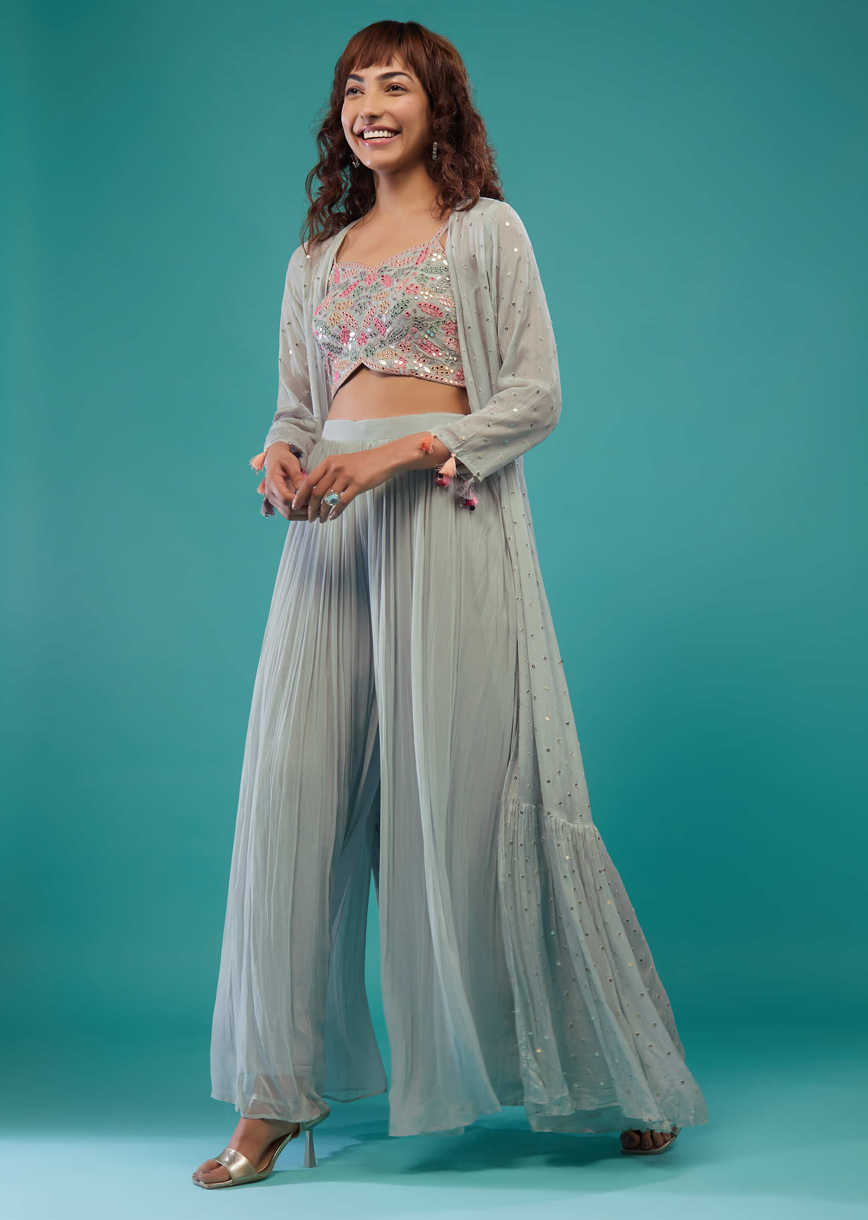 Storm Grey Embroidered Palazzo Crop-Top Set In Georgette With Shrug