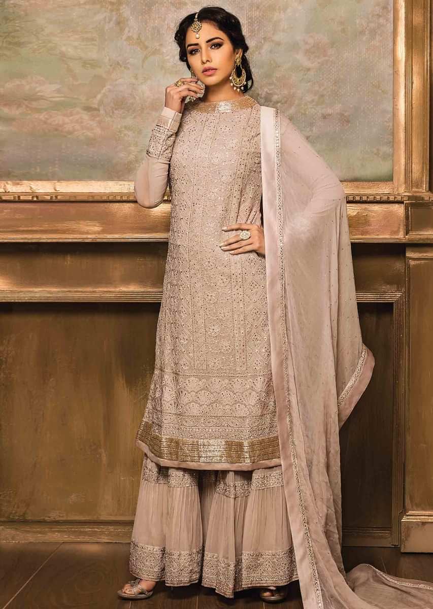 Straight palazzo suit in georgette with thread and kundan embroidery