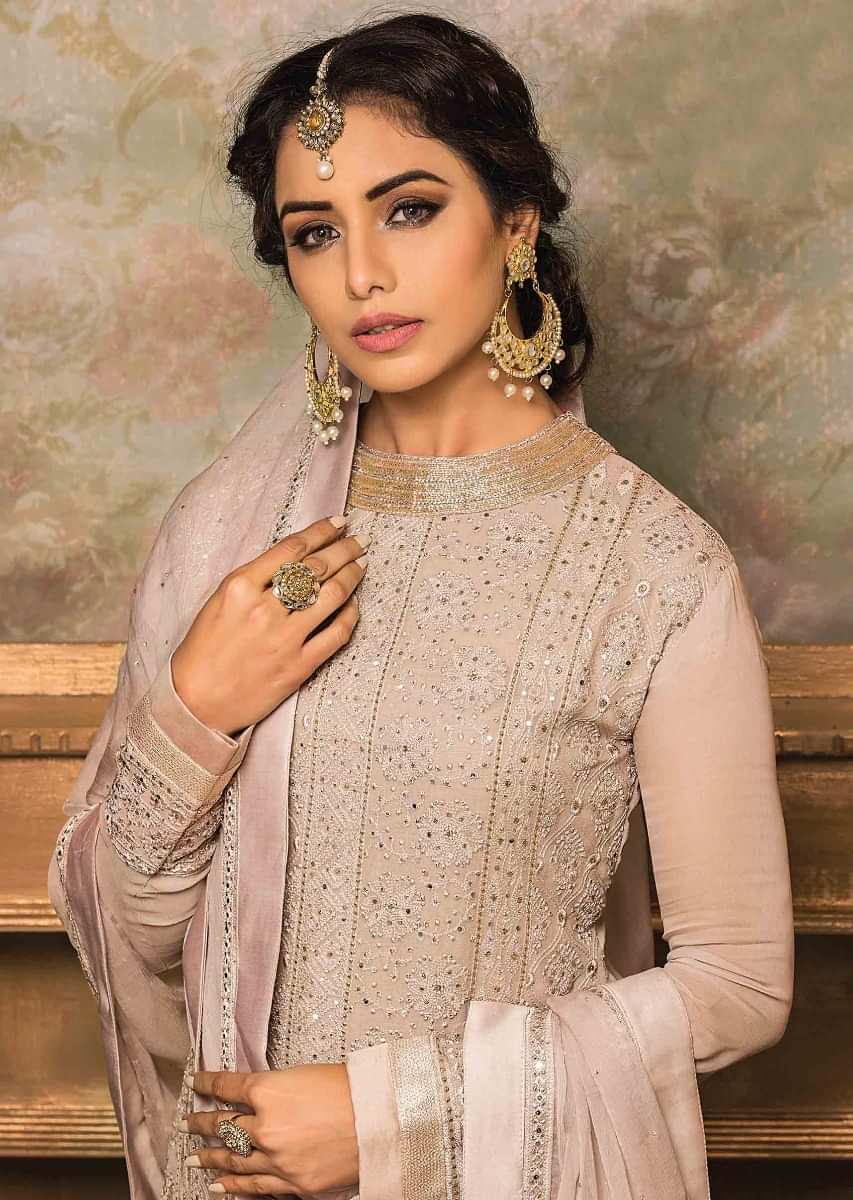 Straight palazzo suit in georgette with thread and kundan embroidery