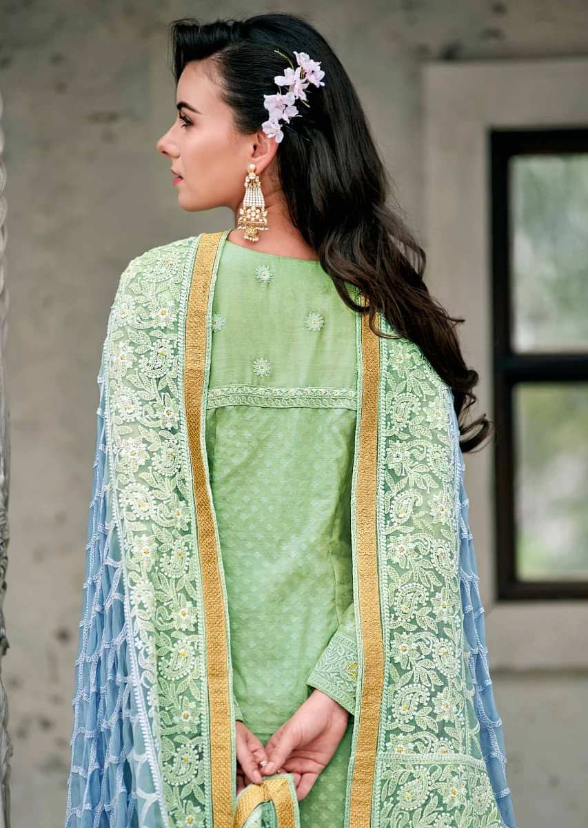 Straight Suit In Pista Green Cotton Silk Adorn With Embroidered Placket And Butti In Thread Online - Kalki Fashion