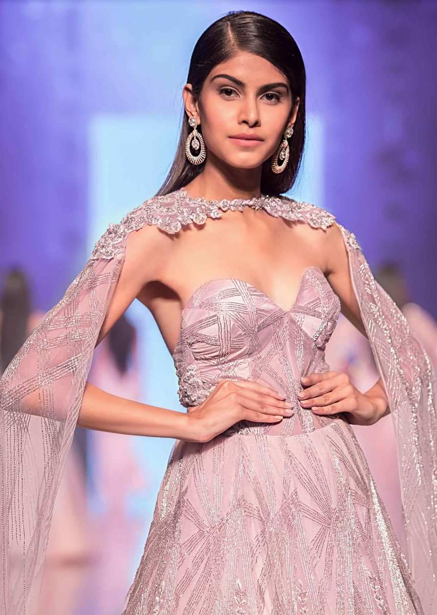 Mauve Pink Strapless Gown In Sheer Net With Shoulder Embroidered Cape Online - Kalki Fashion