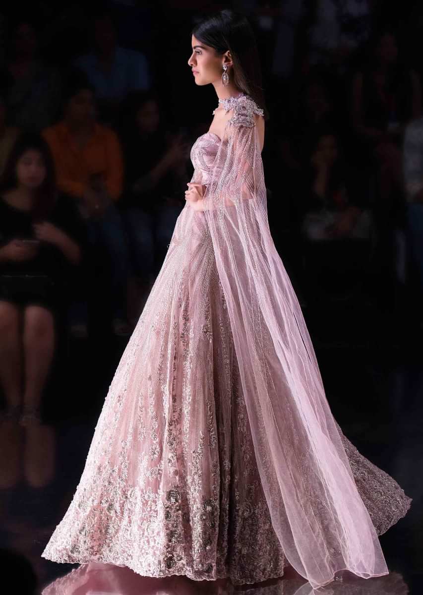 Mauve Pink Strapless Gown In Sheer Net With Shoulder Embroidered Cape Online - Kalki Fashion