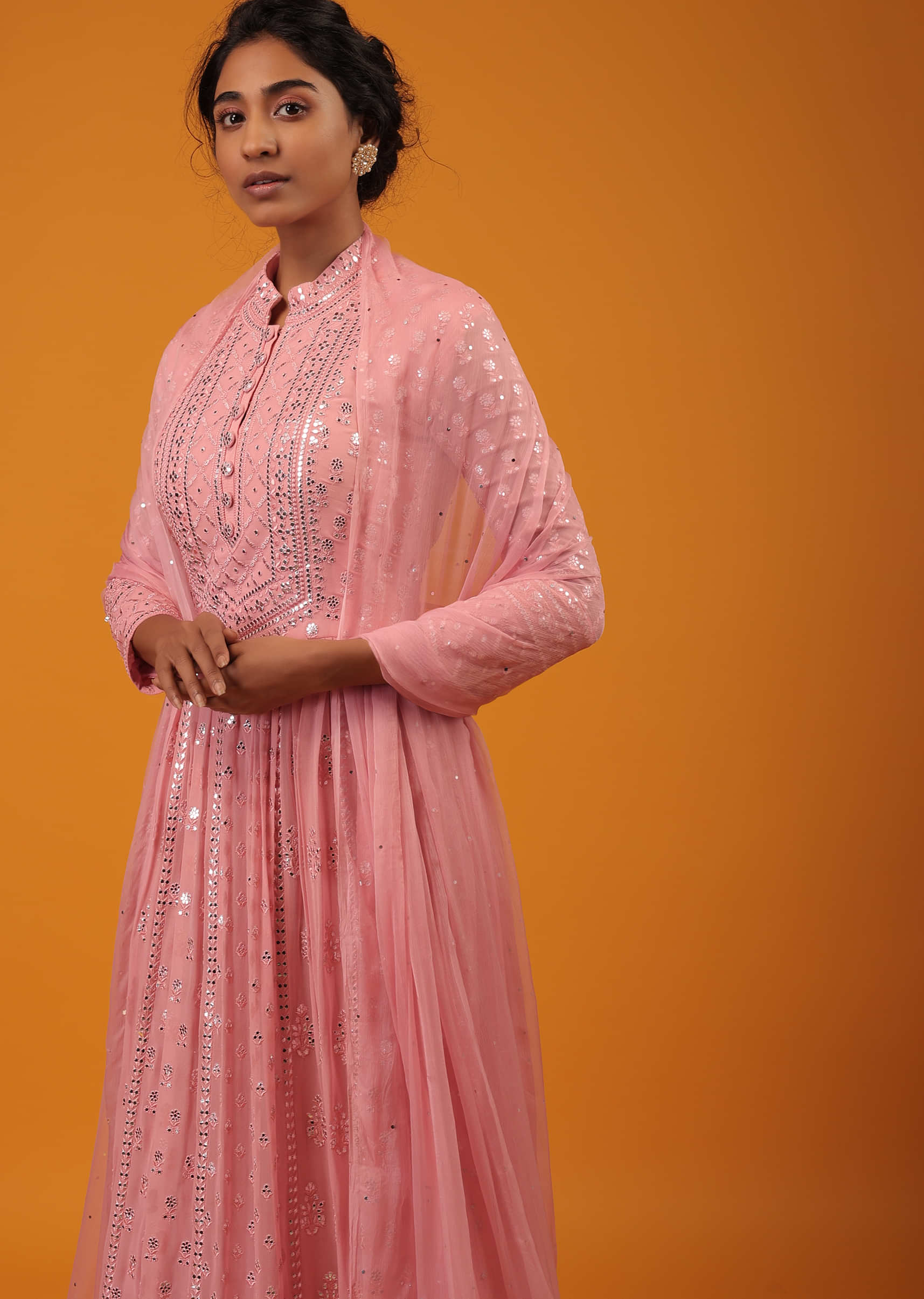Strawberry Ice Pink Anarkali Suit With Mandarin Collar And Gotta Work In Floral Pattern