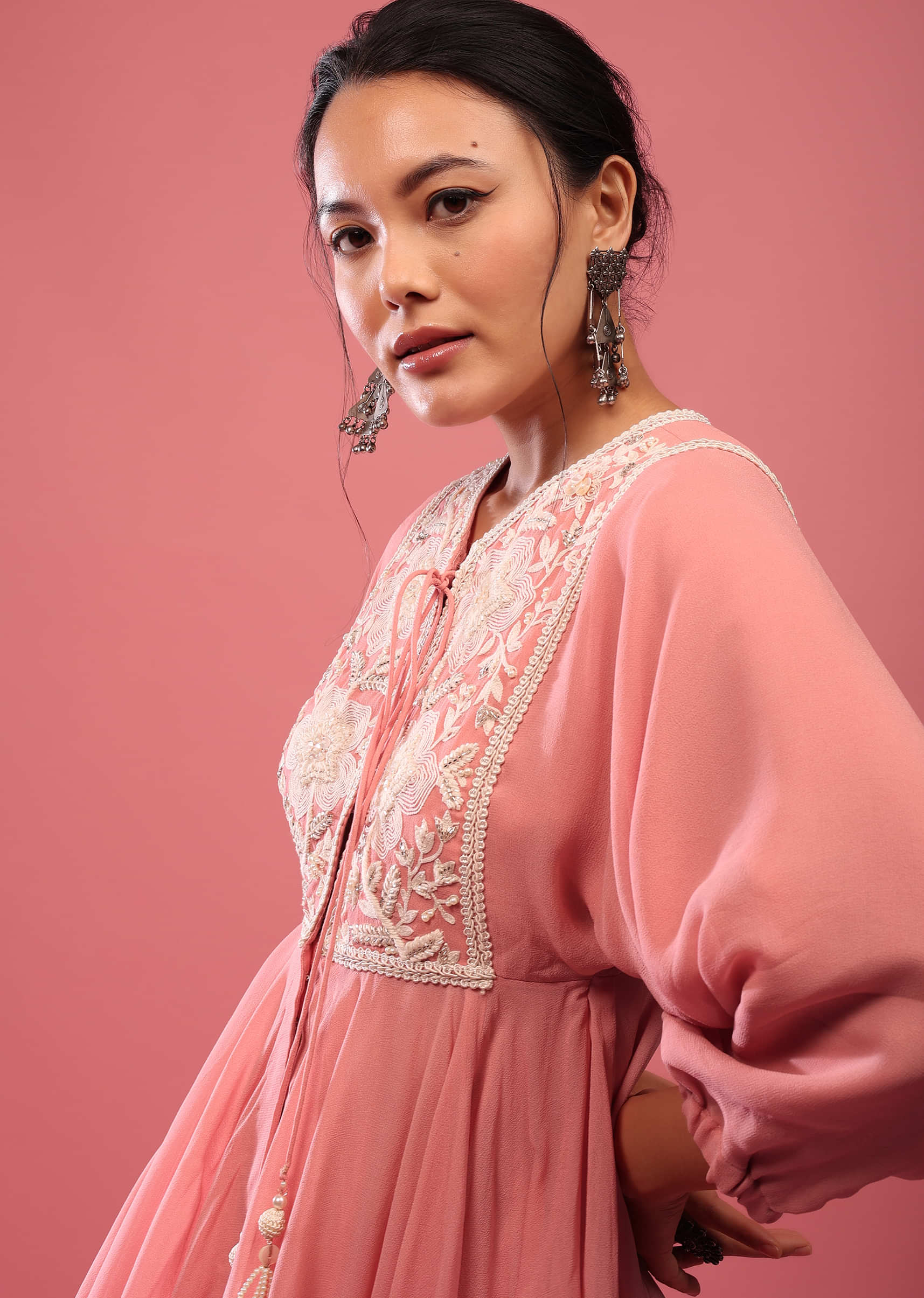Salmon Pink Top & Pant Set In Georgette With Empire Line Cut And Embroidery