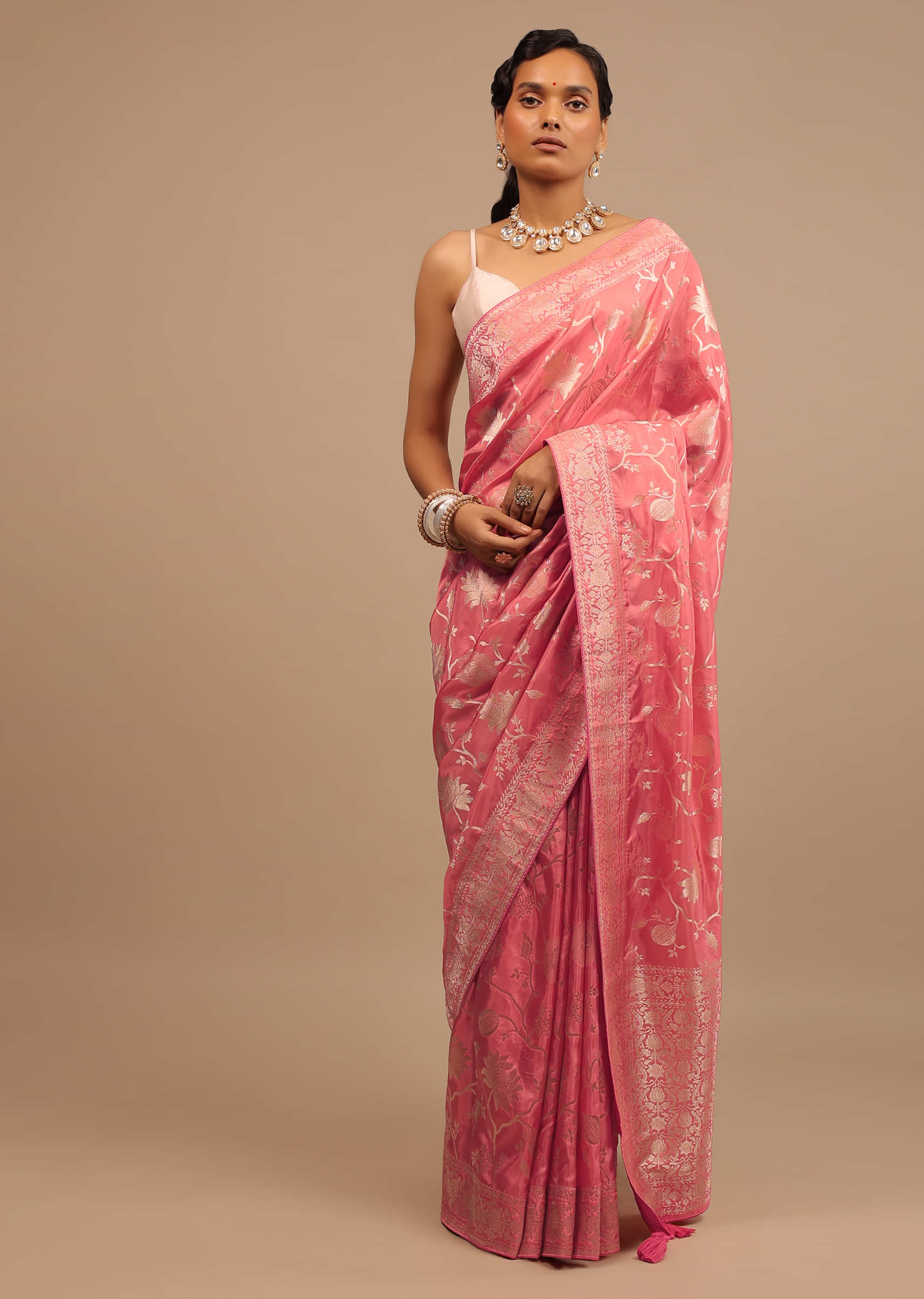 Coral Pink Saree In Silk With Woven Floral Jaal And Intricate Floral Border