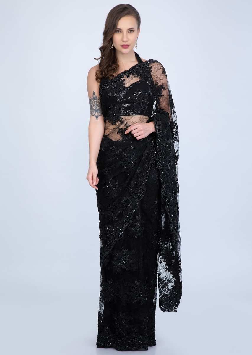 Stunning Black chantilly lace saree embellished with sequins, cut dana and pearls only on Kalki