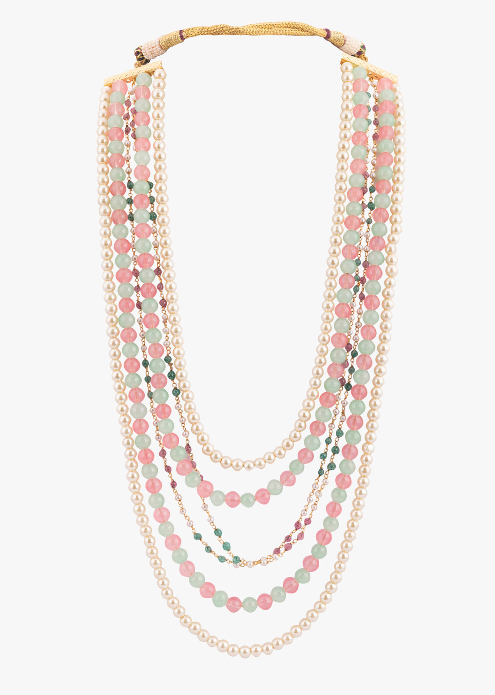 Stylish Pearl And Bead Mala In Green And Pink Shades