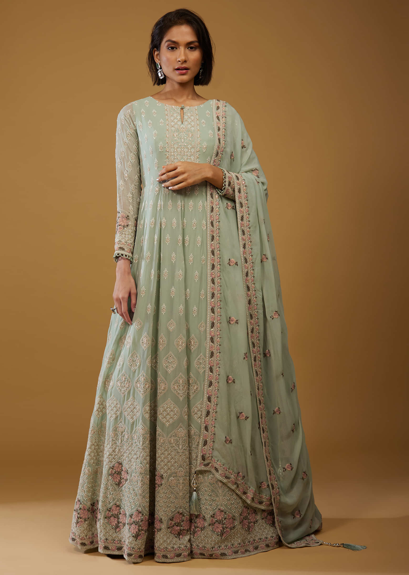 Kalki Subtle Green Anarkali Suit In Georgette With Floral Embroidery