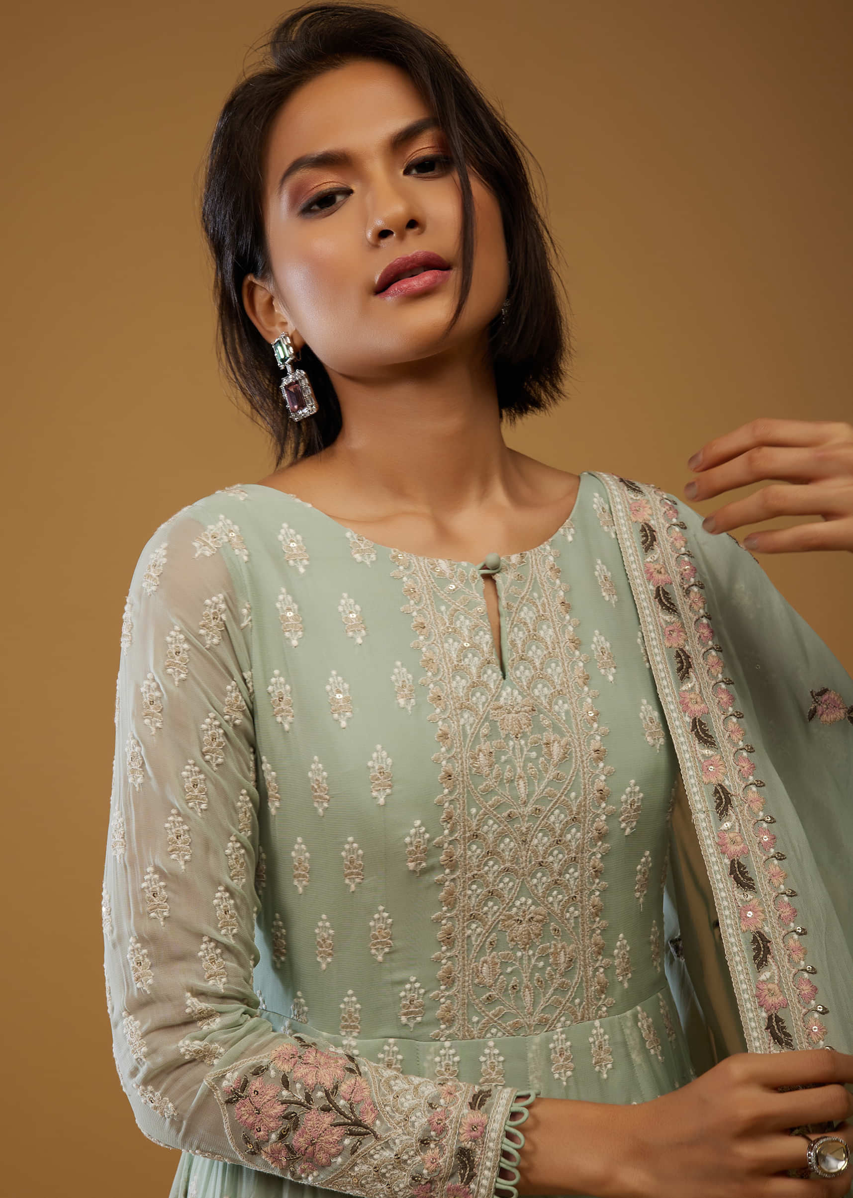 Pista Green Anarkali Suit In Georgette With Floral Embroidery