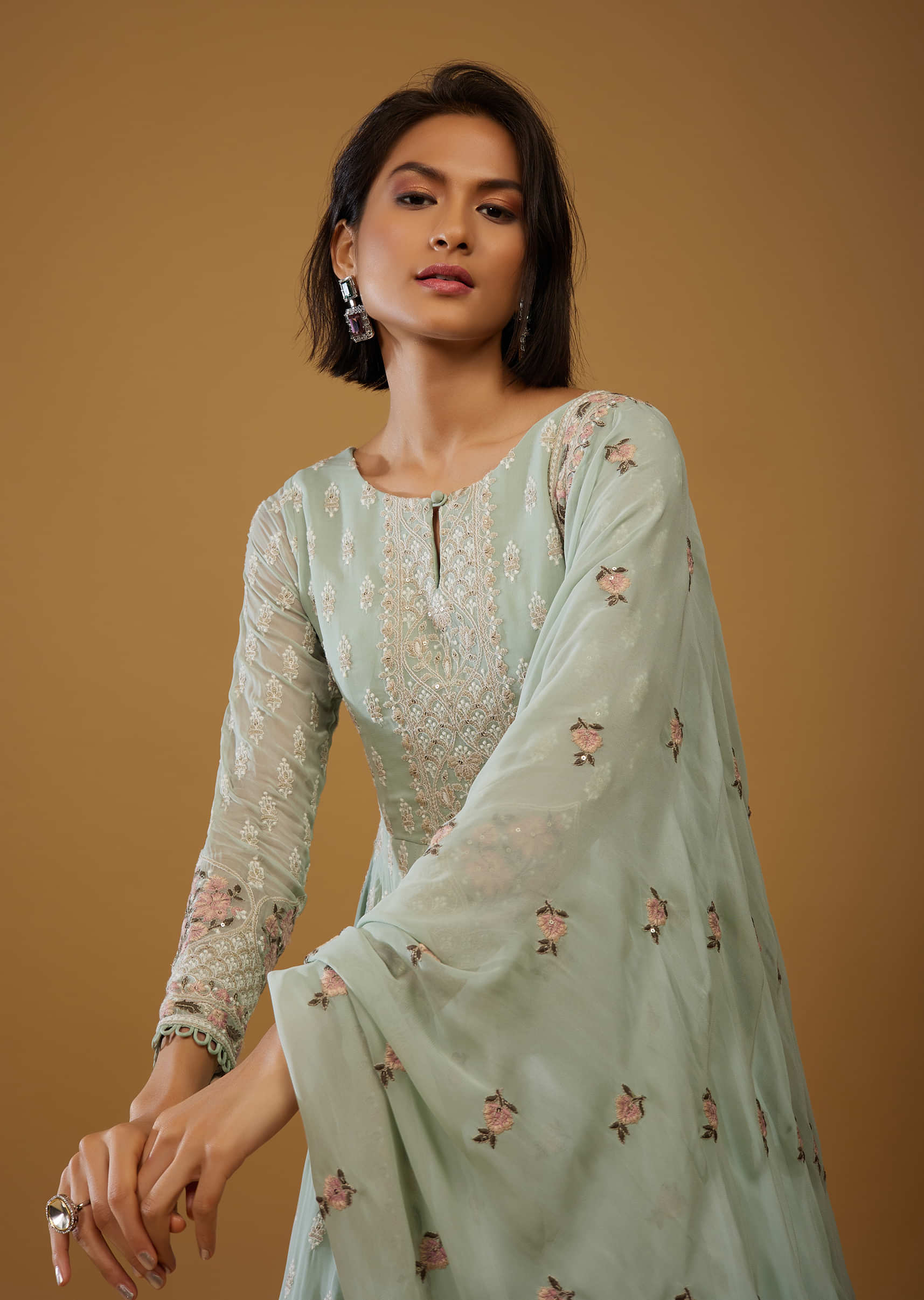 Pista Green Anarkali Suit In Georgette With Floral Embroidery