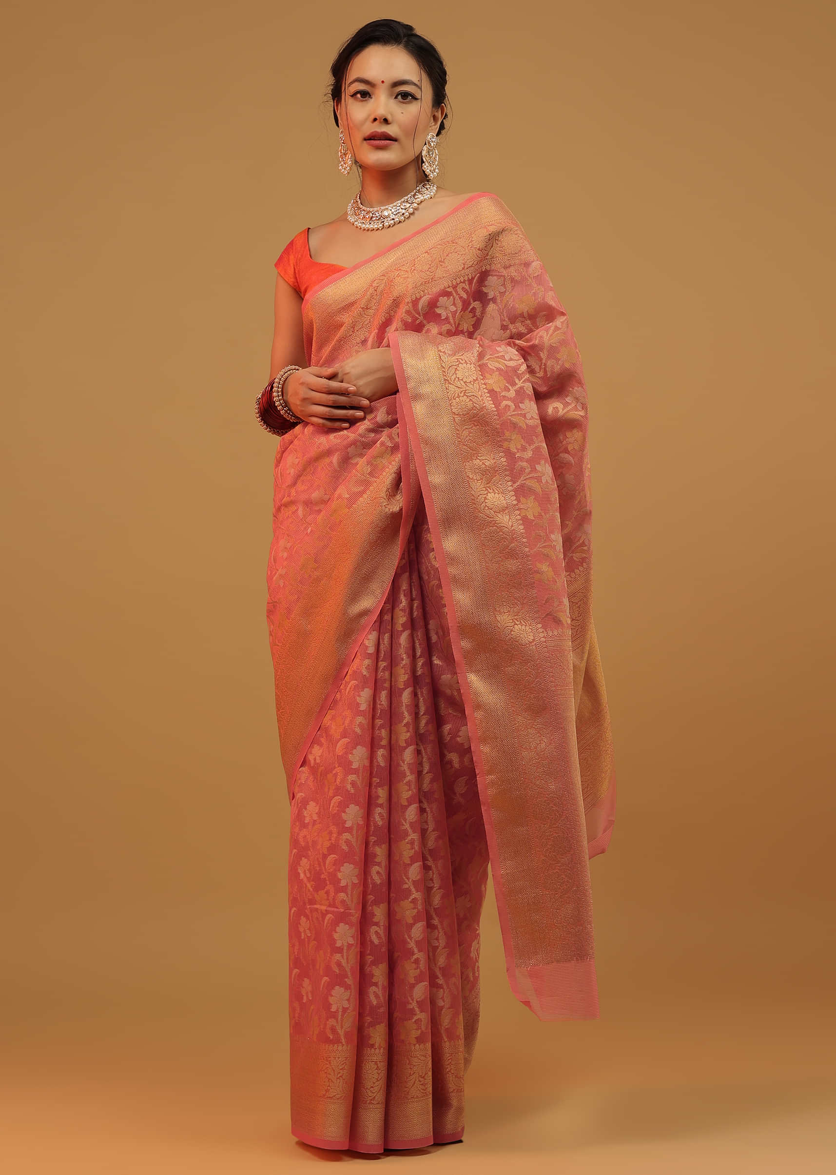 Sugar Coral Peach Saree In Pure Handloom Cotton With Banarasi Chanderi Weave