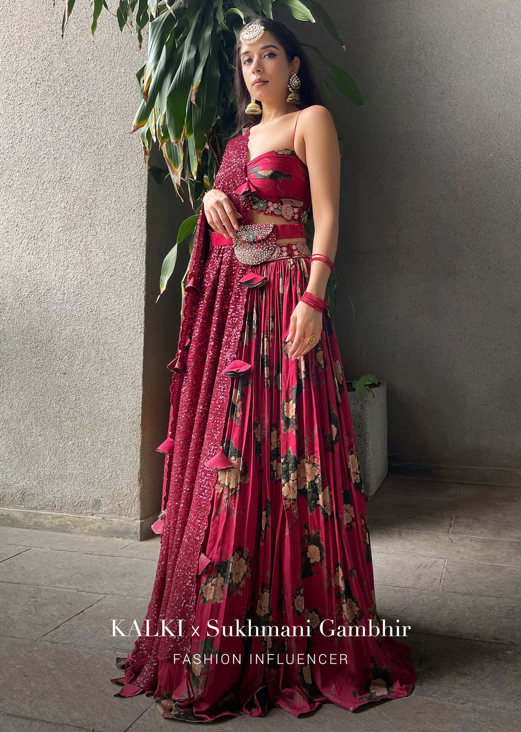 Cranberry Red Lehenga Choli In Floral Printed Satin With A Sequins Dupatta And Embroidered Belt Bag 