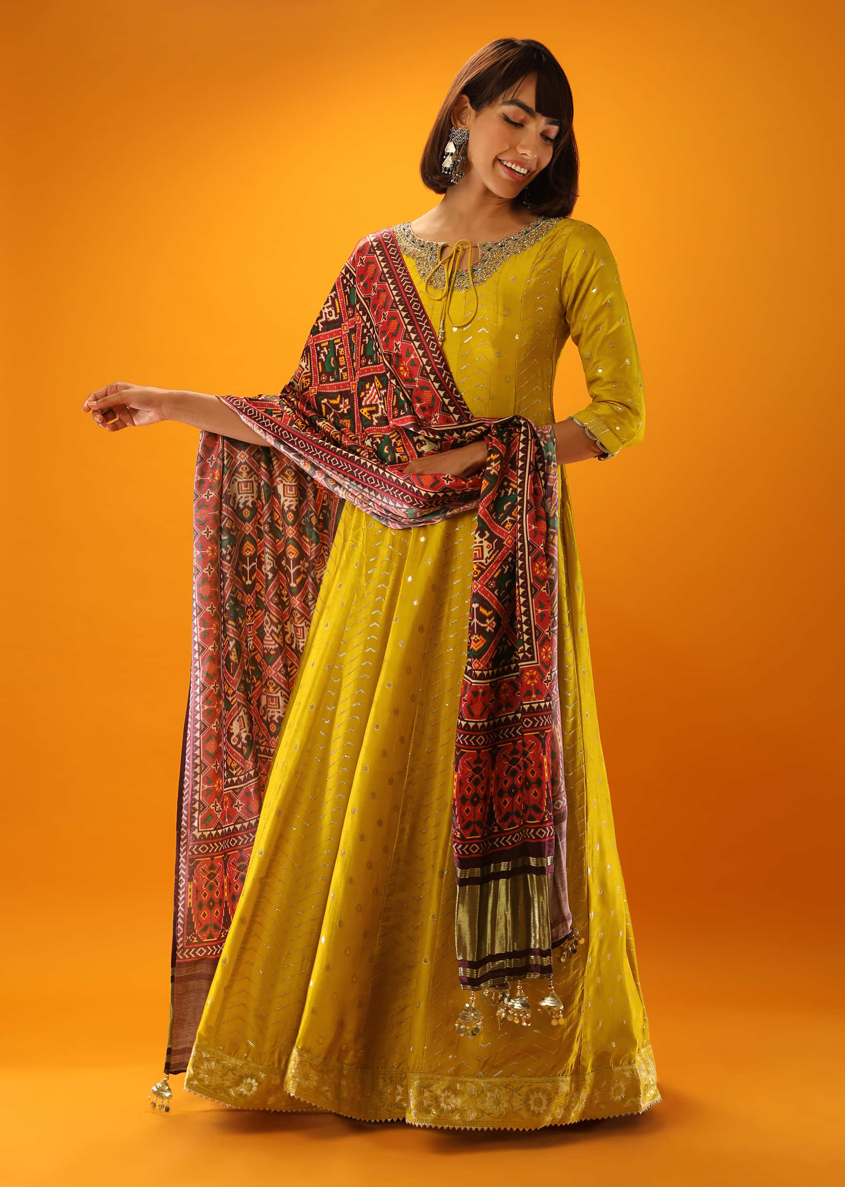 Sulphur Yellow Anarkali Suit With Maroon Patola Printed Satin Dupatta  