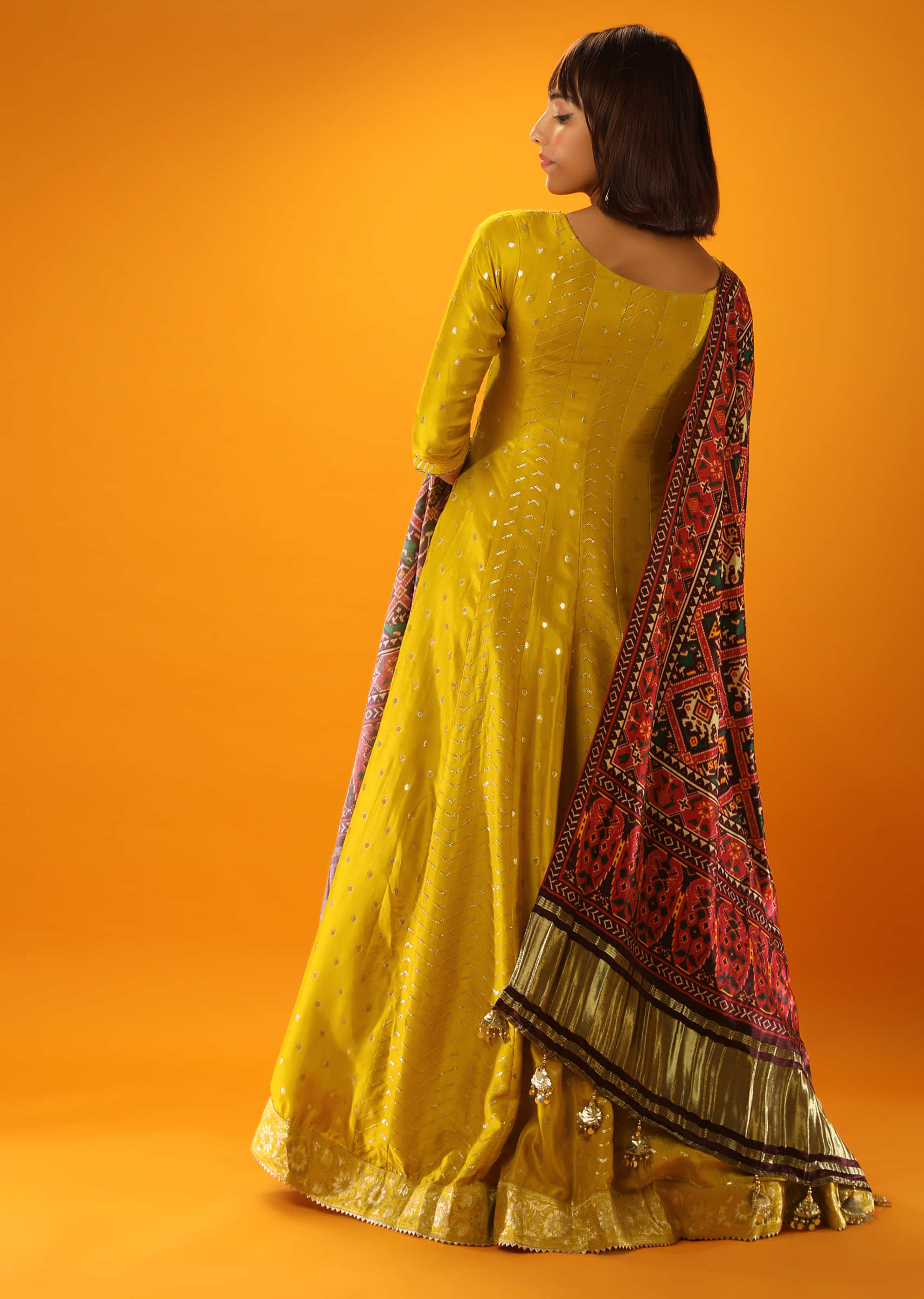 Sulphur Yellow Anarkali Suit With Maroon Patola Printed Satin Dupatta  
