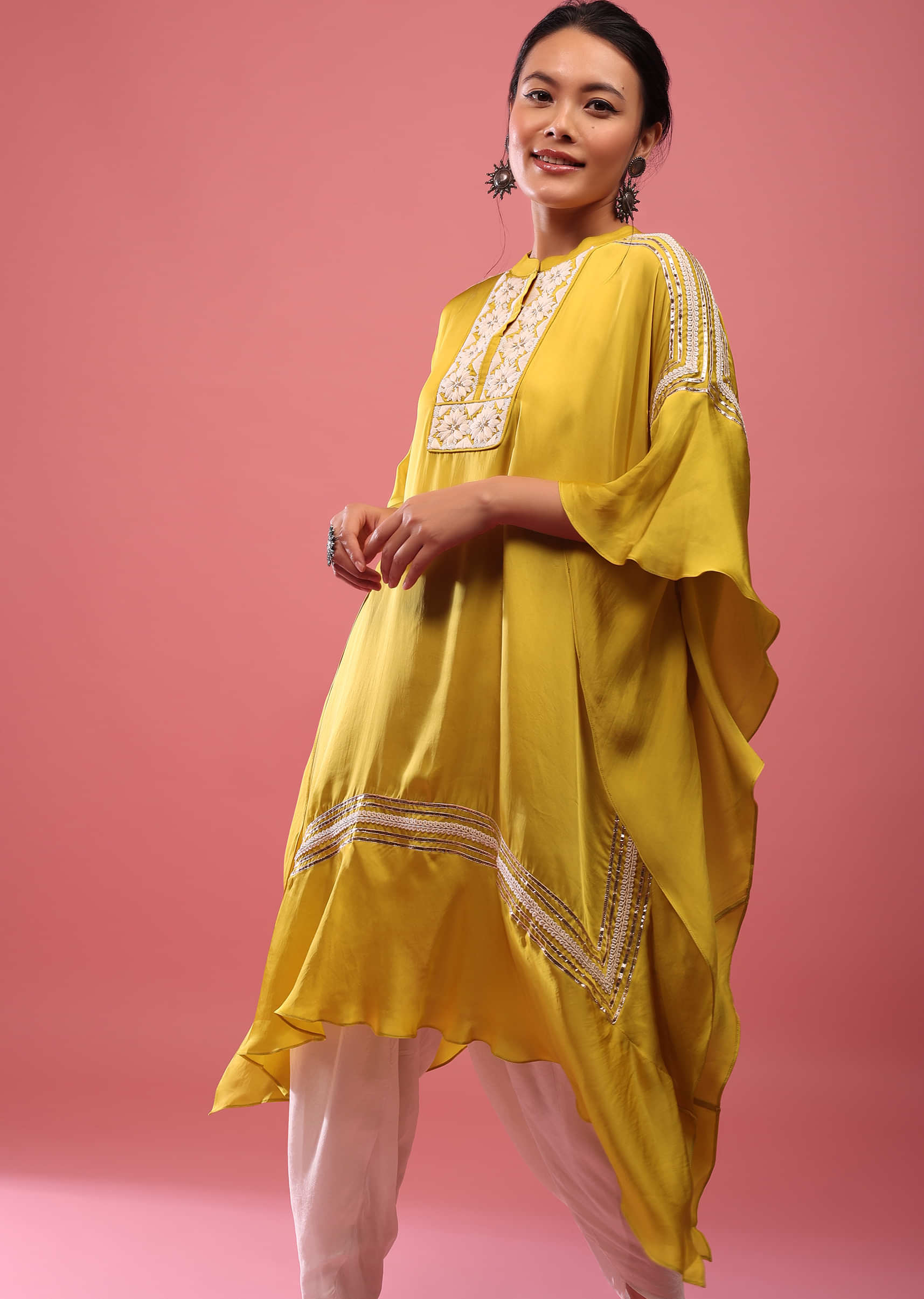 Cyber Yellow Kaftan Suit Embroidered In Satin With Dhoti Pants