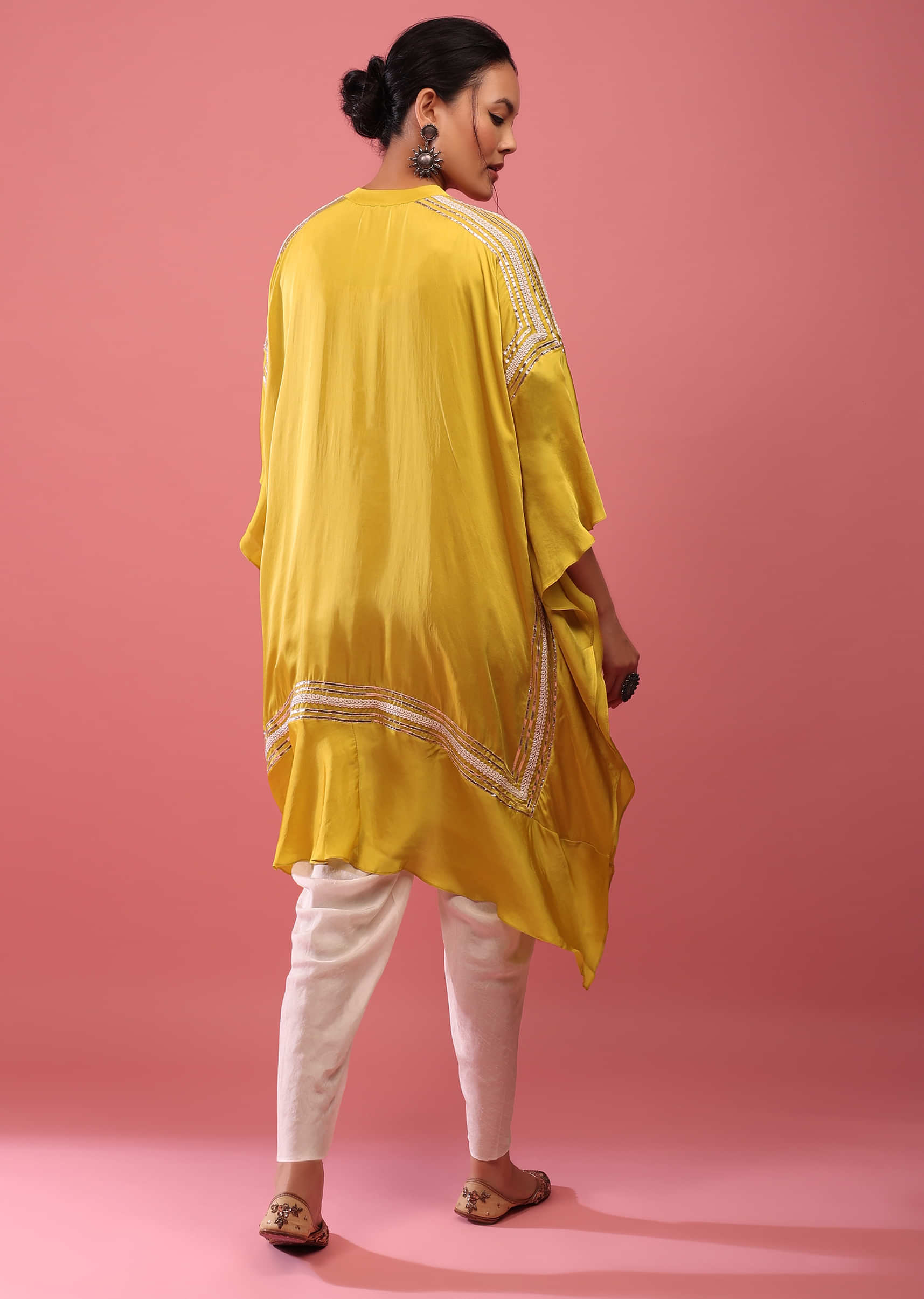 Cyber Yellow Kaftan Suit Embroidered In Satin With Dhoti Pants
