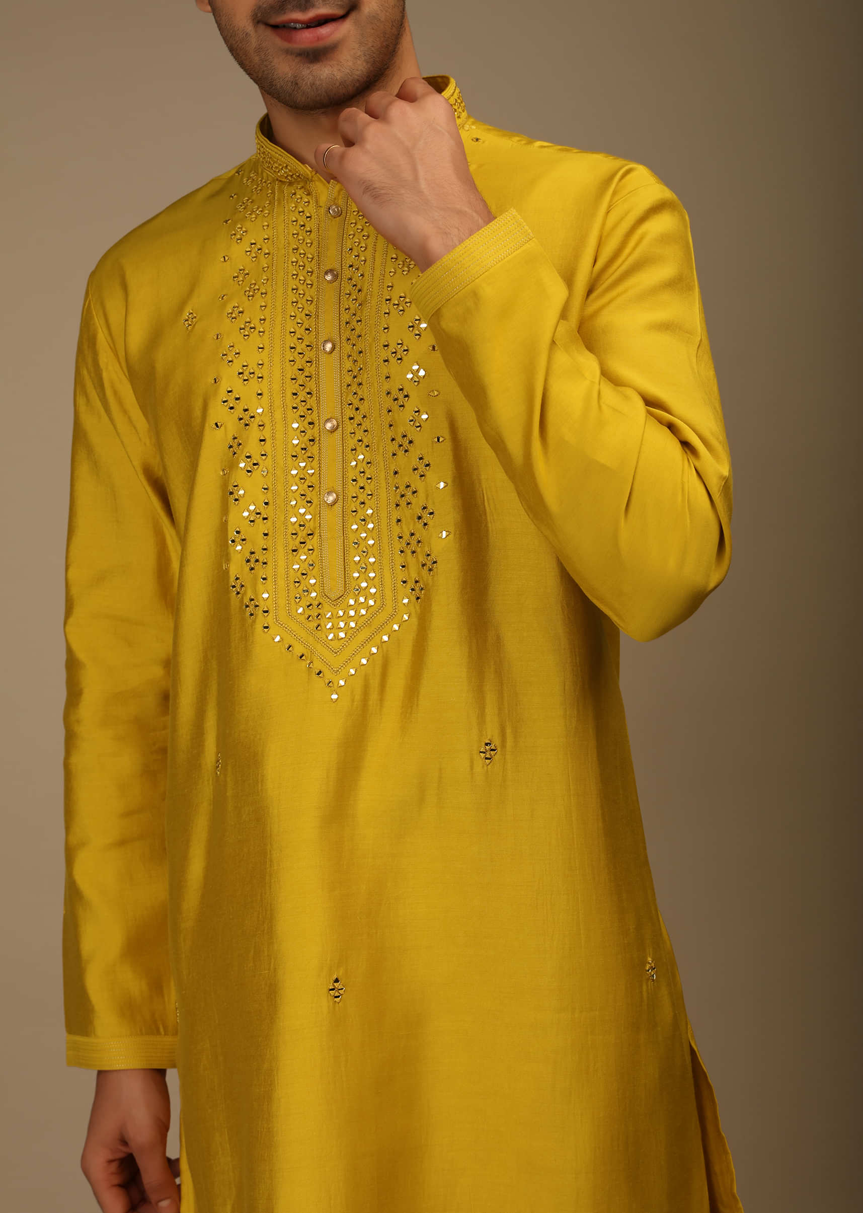 Sulphur Yellow Kurta Set In Silk With Resham And Mirror Abla Embroidered Yoke Design