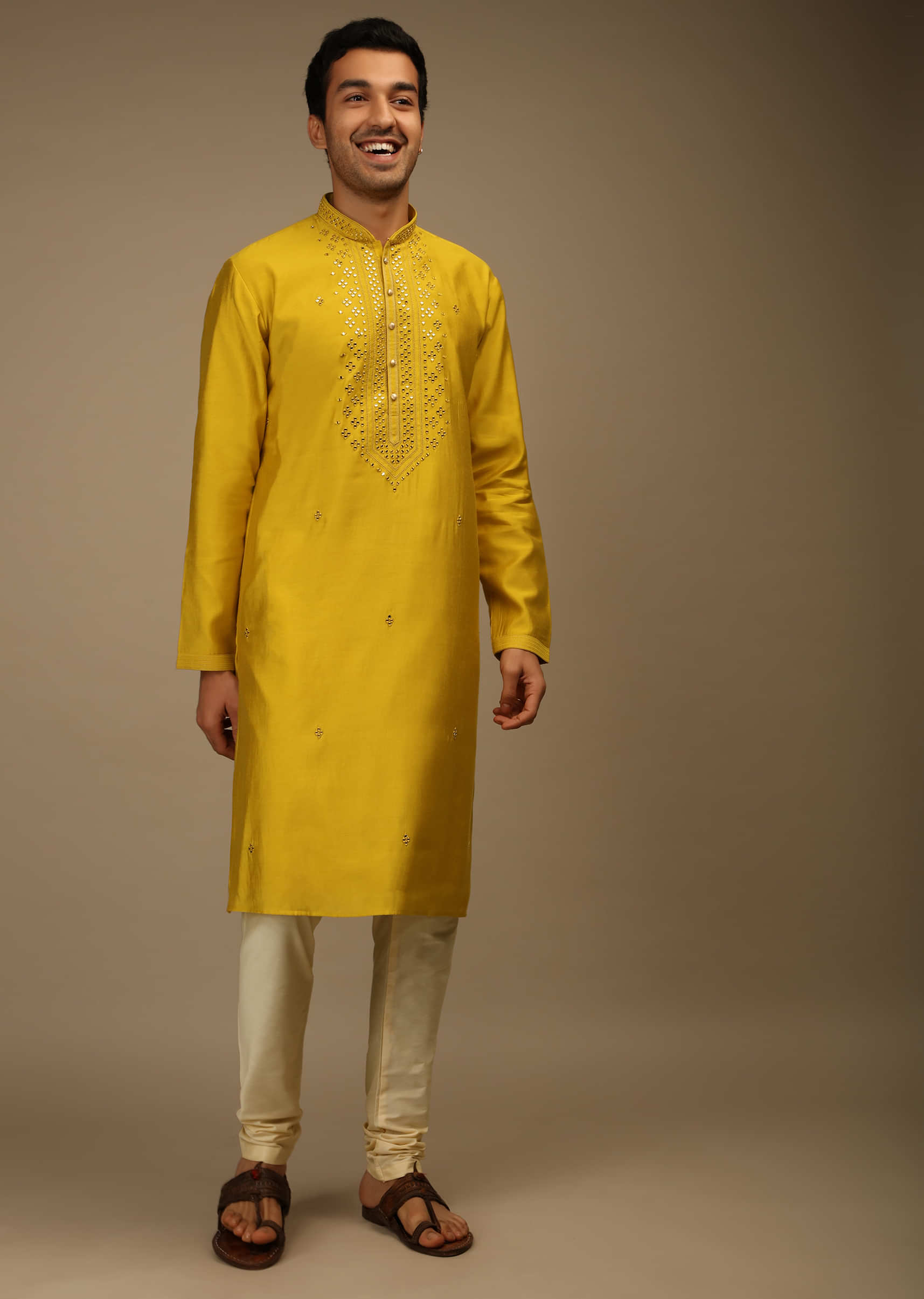 Sulphur Yellow Kurta Set In Silk With Resham And Mirror Abla Embroidered Yoke Design