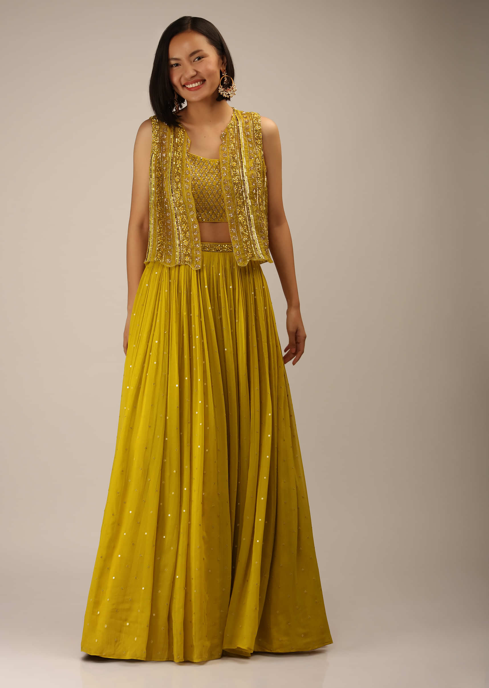 Sulphur Yellow Lehenga In Georgette With Cut Dana Embroidered Crop Top And Cropped Jacket