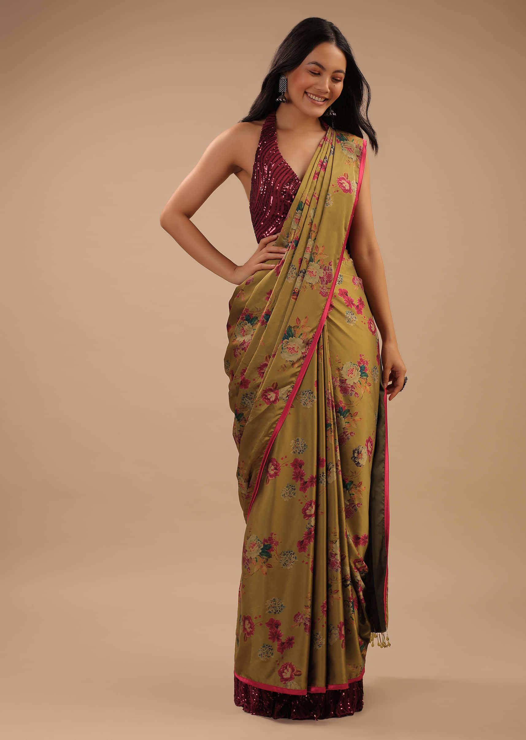 Sulphur Yellow Ready Pleated Saree With Floral Print And Contrast Red Sequins Blouse