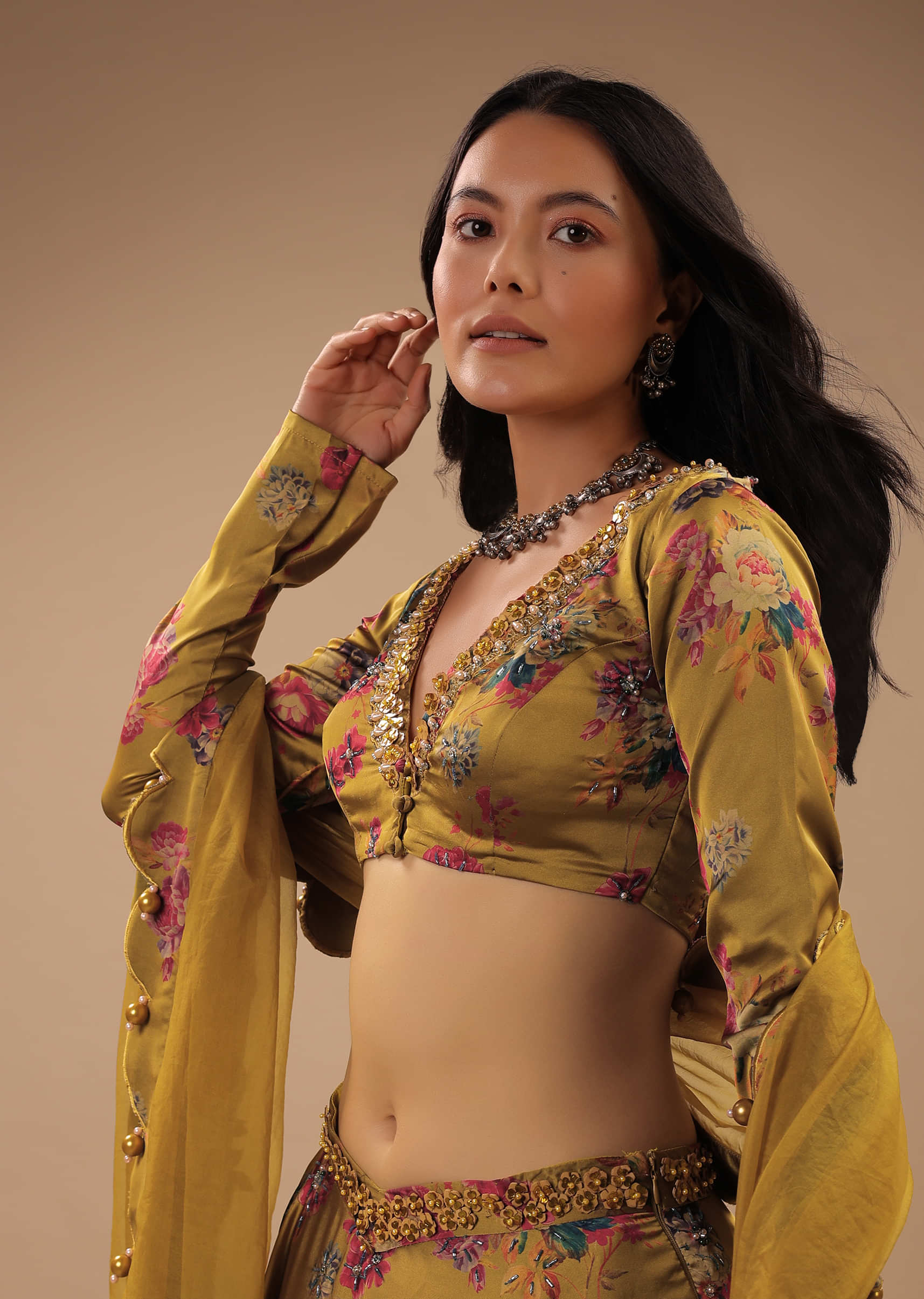 Sulphur Yellow Satin Crop Top And Skirt With Floral Print And Moti Embroidery