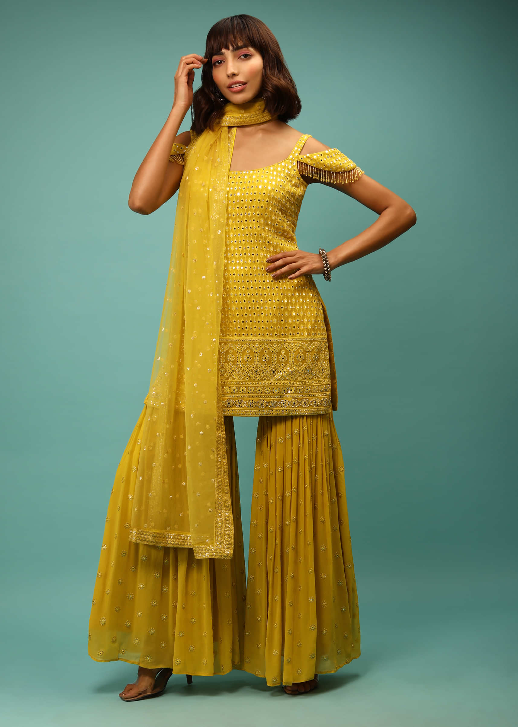 Sulphur Yellow Sharara Suti In Georette With Mirror Work And Fringed Cold Shoulder Sleeves 
