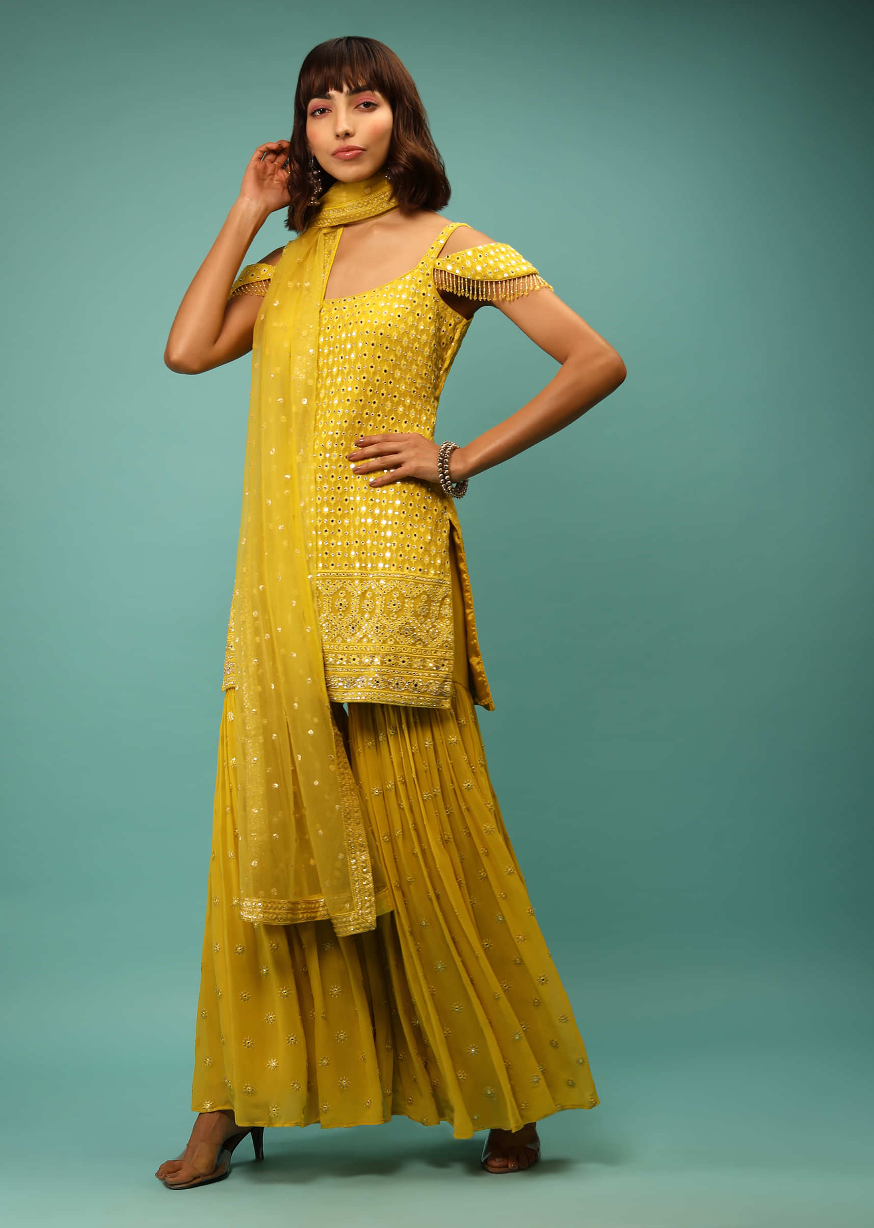 Sulphur Yellow Sharara Suti In Georette With Mirror Work And Fringed Cold Shoulder Sleeves 
