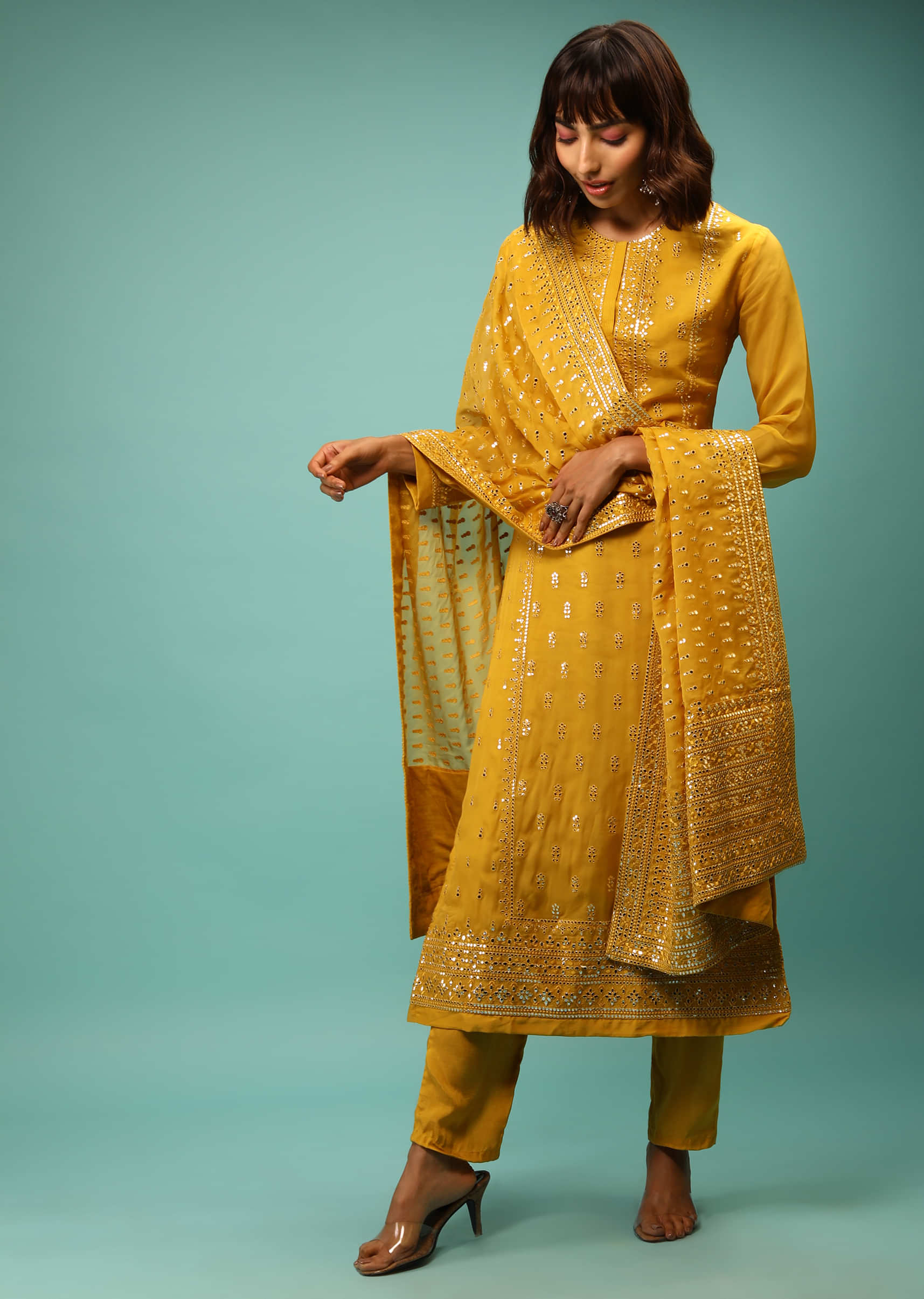 Sulphur Yellow Straight Cut Suit With Full Sleeves And Mirror Embroidered Floral Buttis 