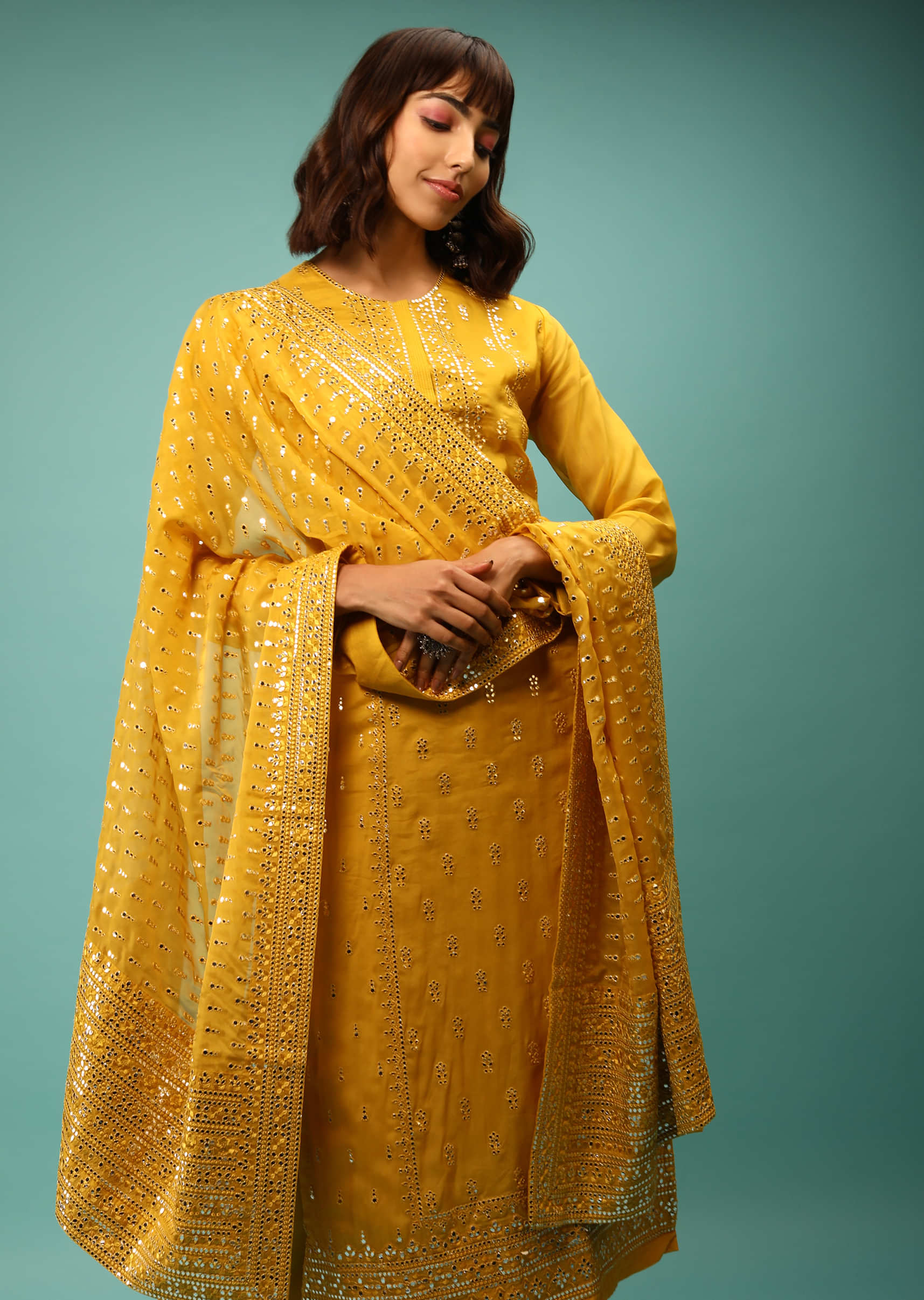 Sulphur Yellow Straight Cut Suit With Full Sleeves And Mirror Embroidered Floral Buttis 