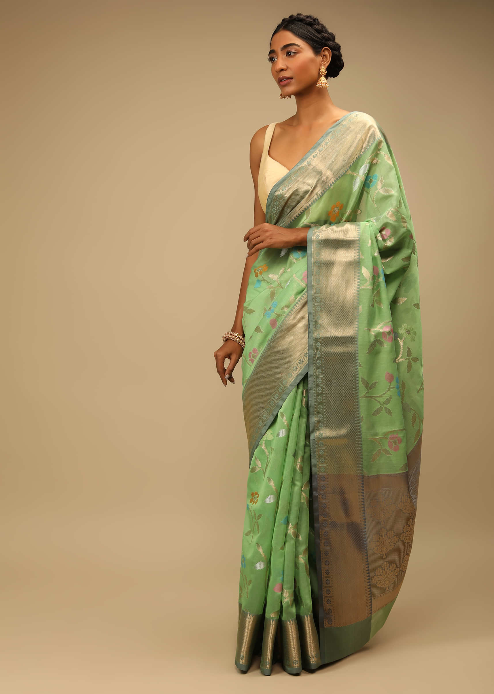 Buy Summer Green Saree In Organza Silk With Multi Colored Woven Floral ...