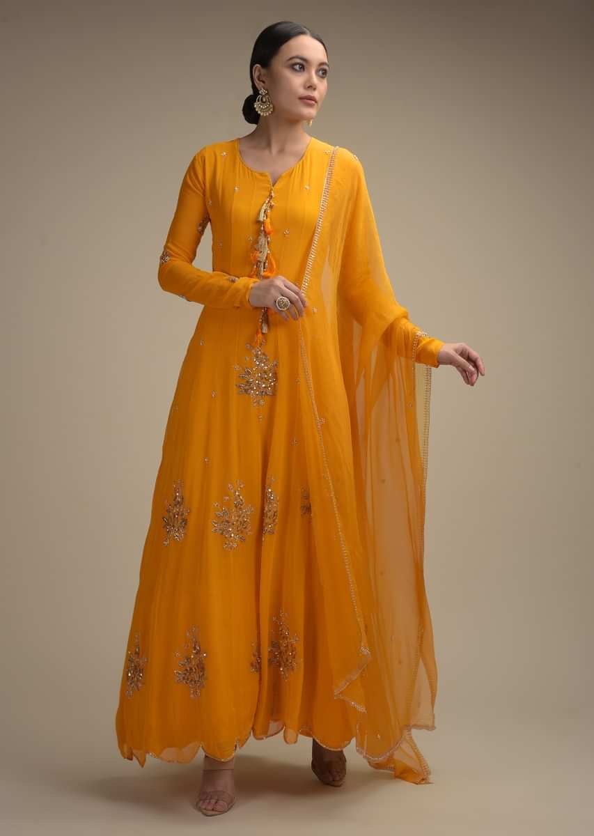Sun Yellow Anarkali Suit In Georgette With Zari And Sequins Embroidered Floral Motifs And Tassels Online - Kalki Fashion