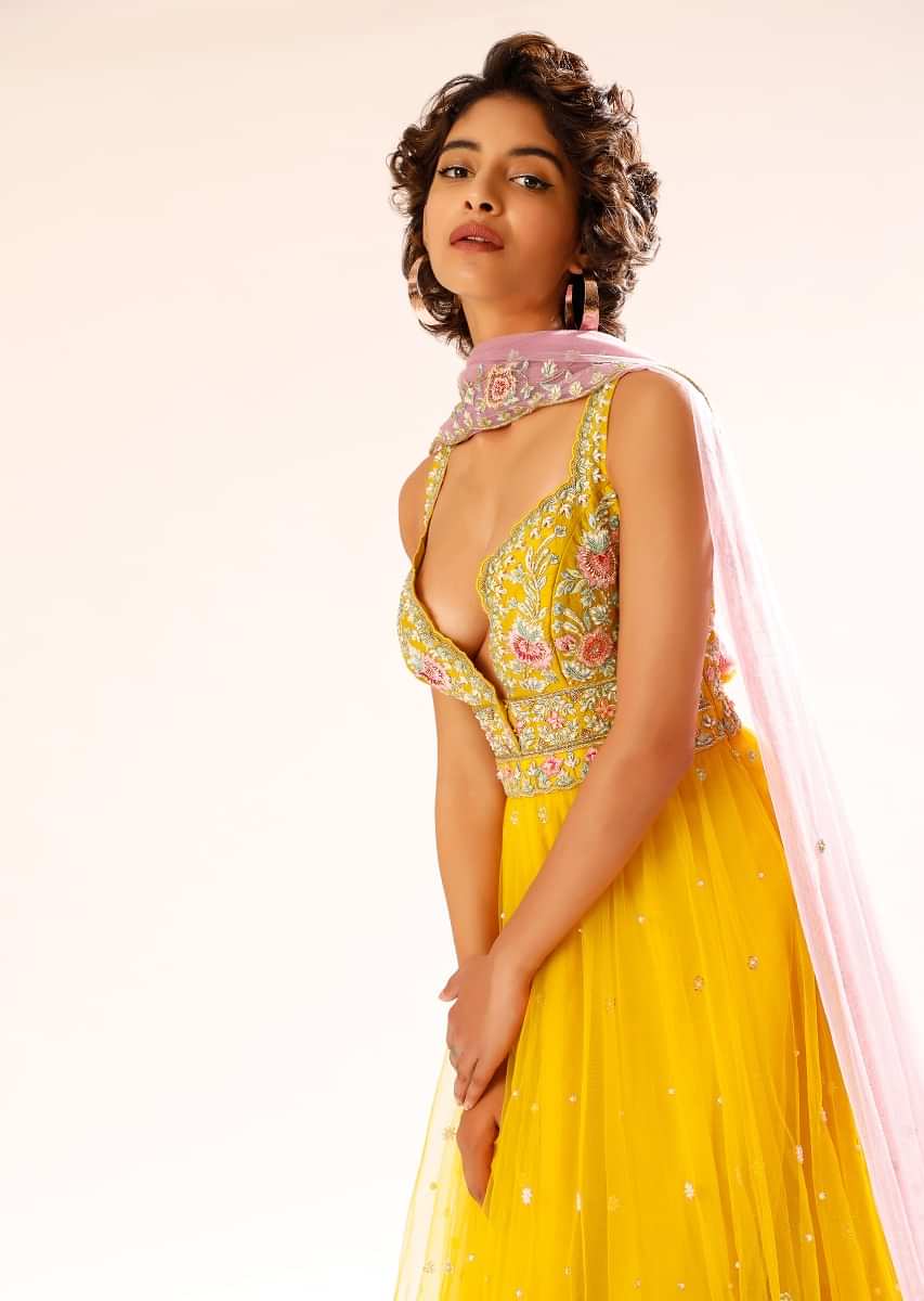 Sun Yellow Anarkali Suit In Net With Colorful Resham Embroidered Bodice And Plunging Neckline  